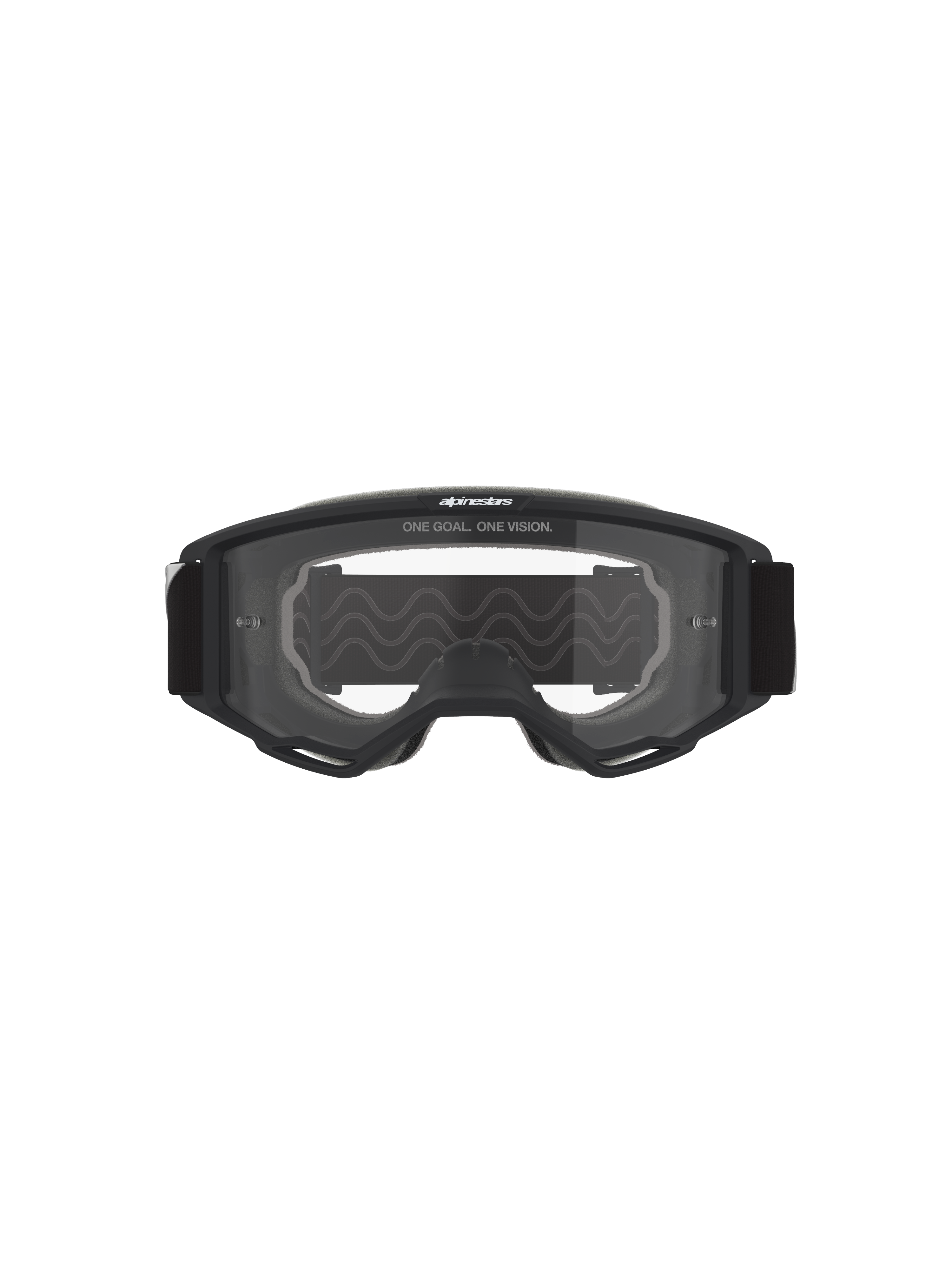 Alpinestars Vision Goggles OTG, motocross-briller, sort ramme med klar linse, set forfra med 'ONE GOAL. ONE VISION.' tekst og brandlogo, dyb volumen-struktur kompatibel med briller
