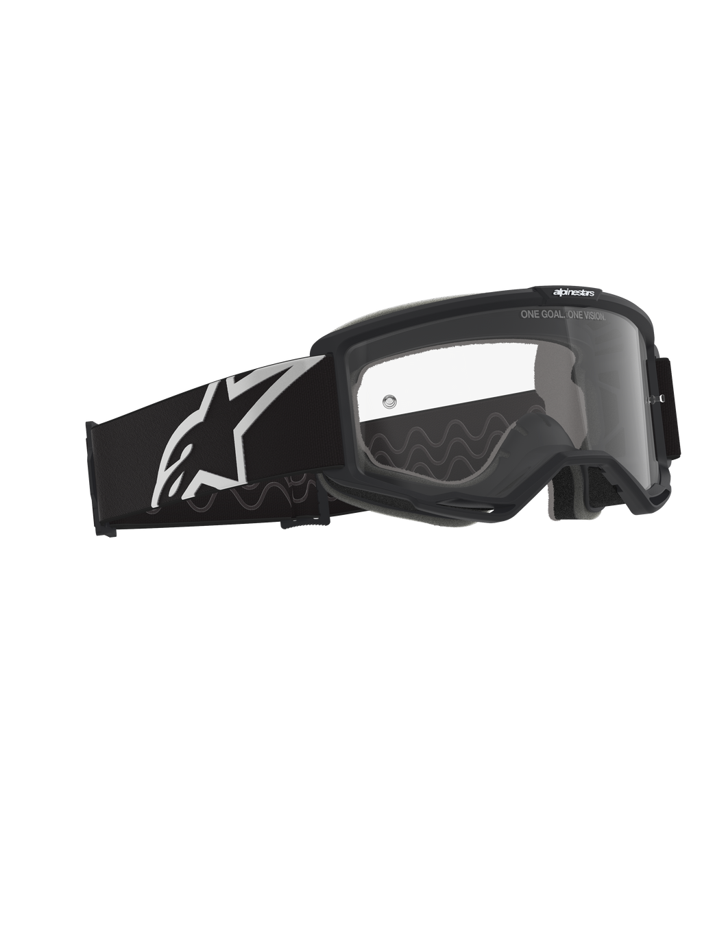 Alpinestars Vision Goggles OTG, motocross-goggles, sort og grå med klar linse, sort ramme med en bred rem med hvidt Alpinestars-logo og gråt silikone-mønster, ramme med dyb volumen designet til briller, anti-dug linse med branding-detalje