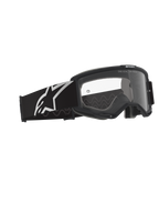Alpinestars Vision Goggles OTG, motocross-goggles, sort og grå med klar linse, sort ramme med en bred rem med hvidt Alpinestars-logo og gråt silikone-mønster, ramme med dyb volumen designet til briller, anti-dug linse med branding-detalje