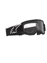 Alpinestars Vision Goggles OTG, motocross-goggles, sort og grå med klar linse, sort ramme med en bred rem med hvidt Alpinestars-logo og gråt silikone-mønster, ramme med dyb volumen designet til briller, anti-dug linse med branding-detalje