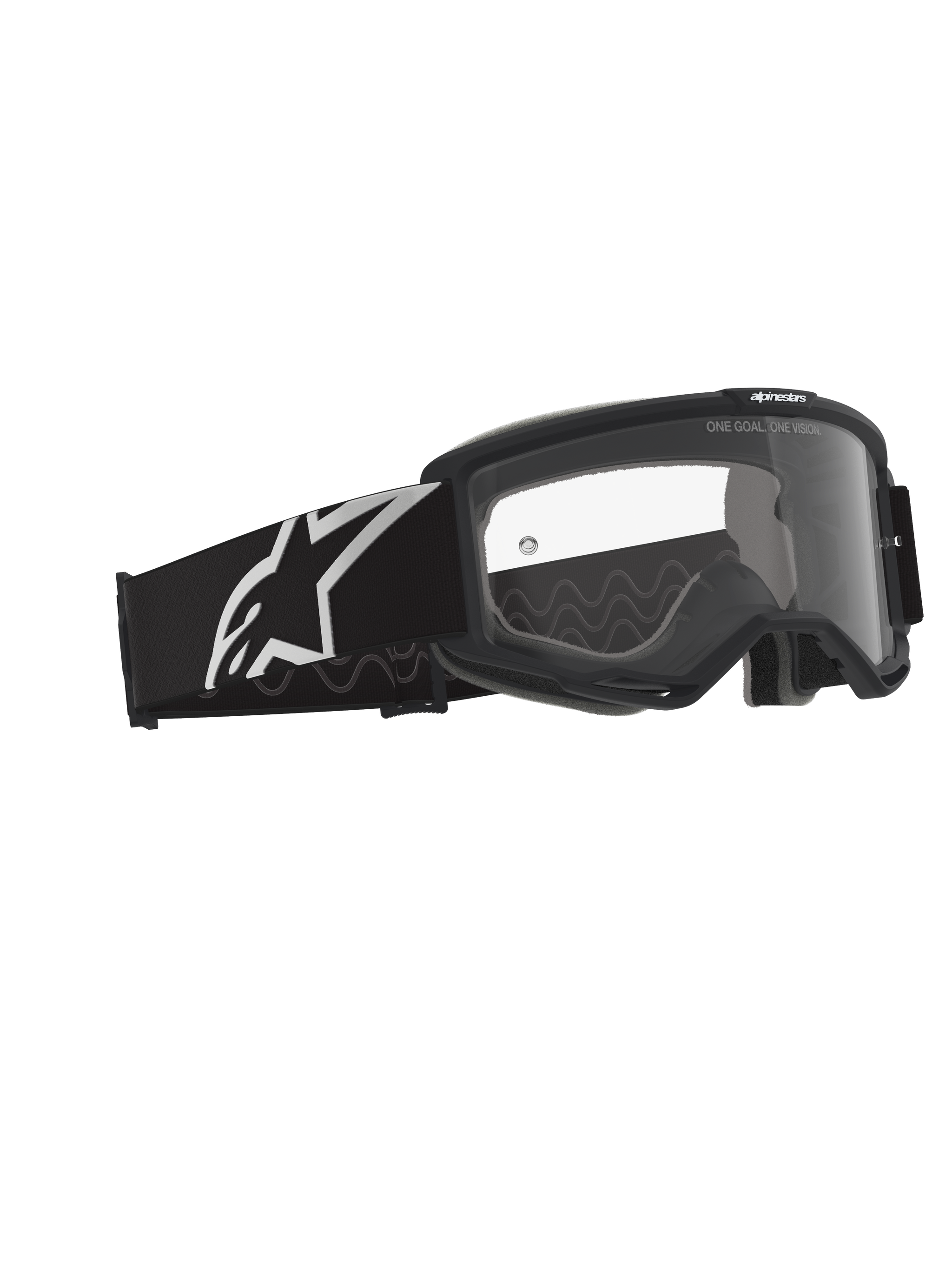 Alpinestars Vision Goggles OTG, motocross-goggles, sort og grå med klar linse, sort ramme med en bred rem med hvidt Alpinestars-logo og gråt silikone-mønster, ramme med dyb volumen designet til briller, anti-dug linse med branding-detalje