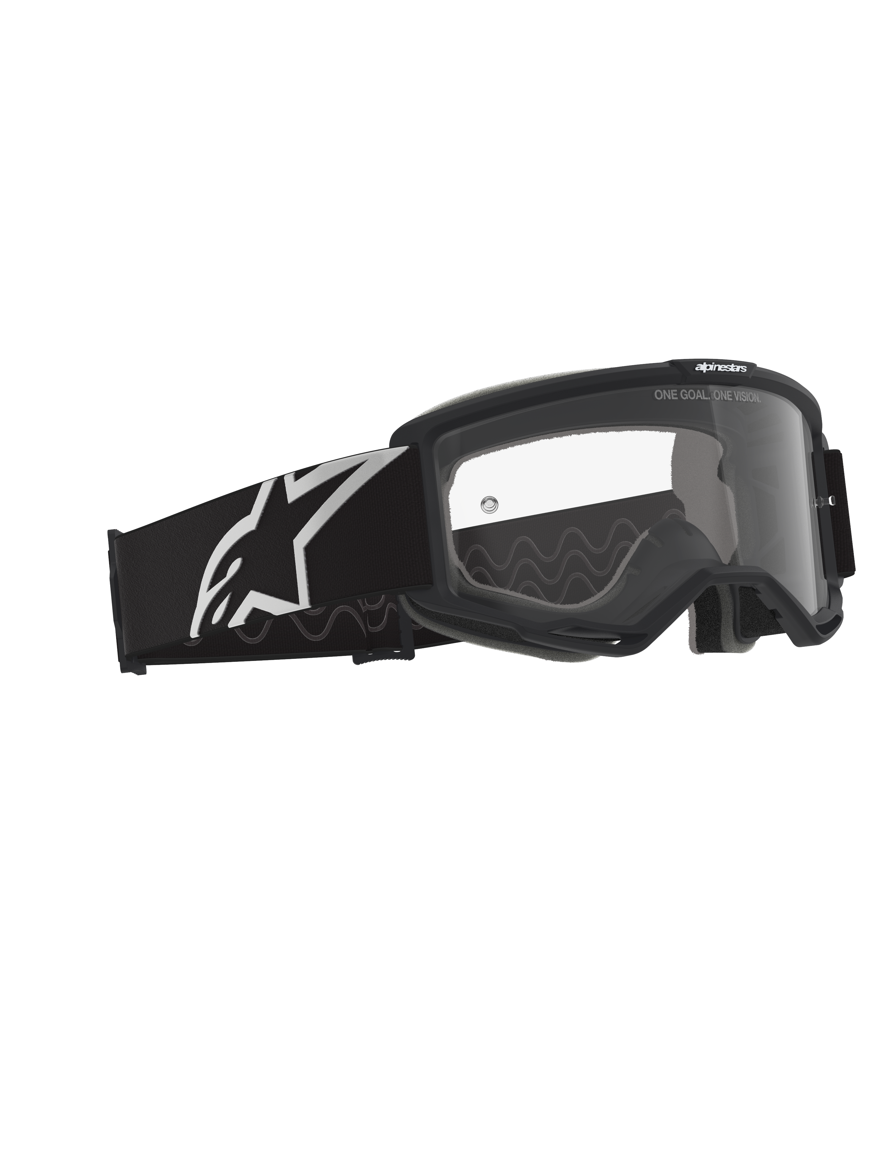 Alpinestars Vision Goggles OTG, motocross-goggles, sort og grå med klar linse, sort ramme med en bred rem med hvidt Alpinestars-logo og gråt silikone-mønster, ramme med dyb volumen designet til briller, anti-dug linse med branding-detalje