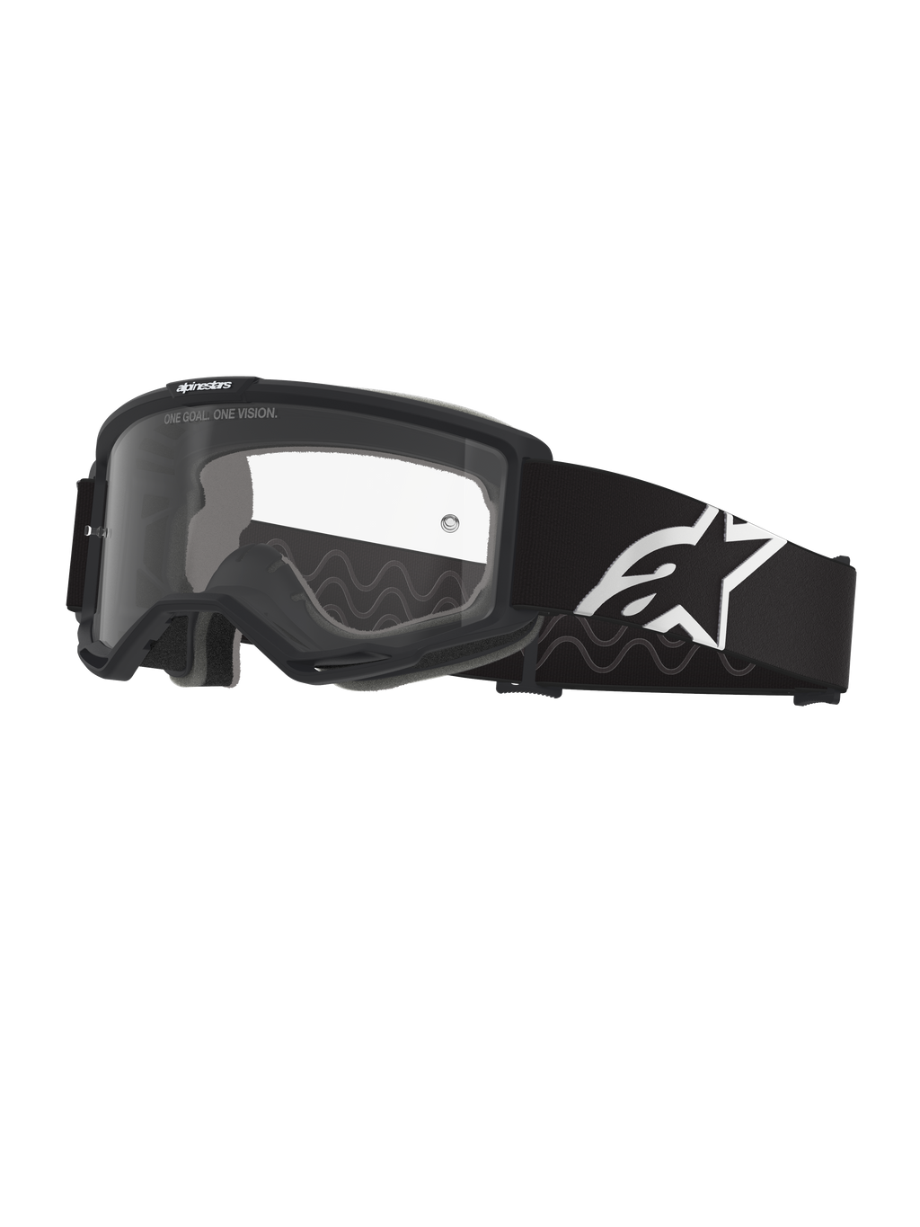 Alpinestars Vision Goggles OTG, motocross-briller, sort og grå med klar linse, bred sort vævet rem med hvidt Alpinestars-logo, ramme med dyb volumen designet til brug over briller, beskyttende øjenværn til terrænkørsel
