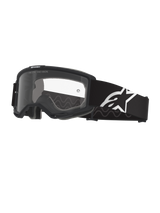 Alpinestars Vision Goggles OTG, motocross-briller, sort og grå med klar linse, bred sort vævet rem med hvidt Alpinestars-logo, ramme med dyb volumen designet til brug over briller, beskyttende øjenværn til terrænkørsel