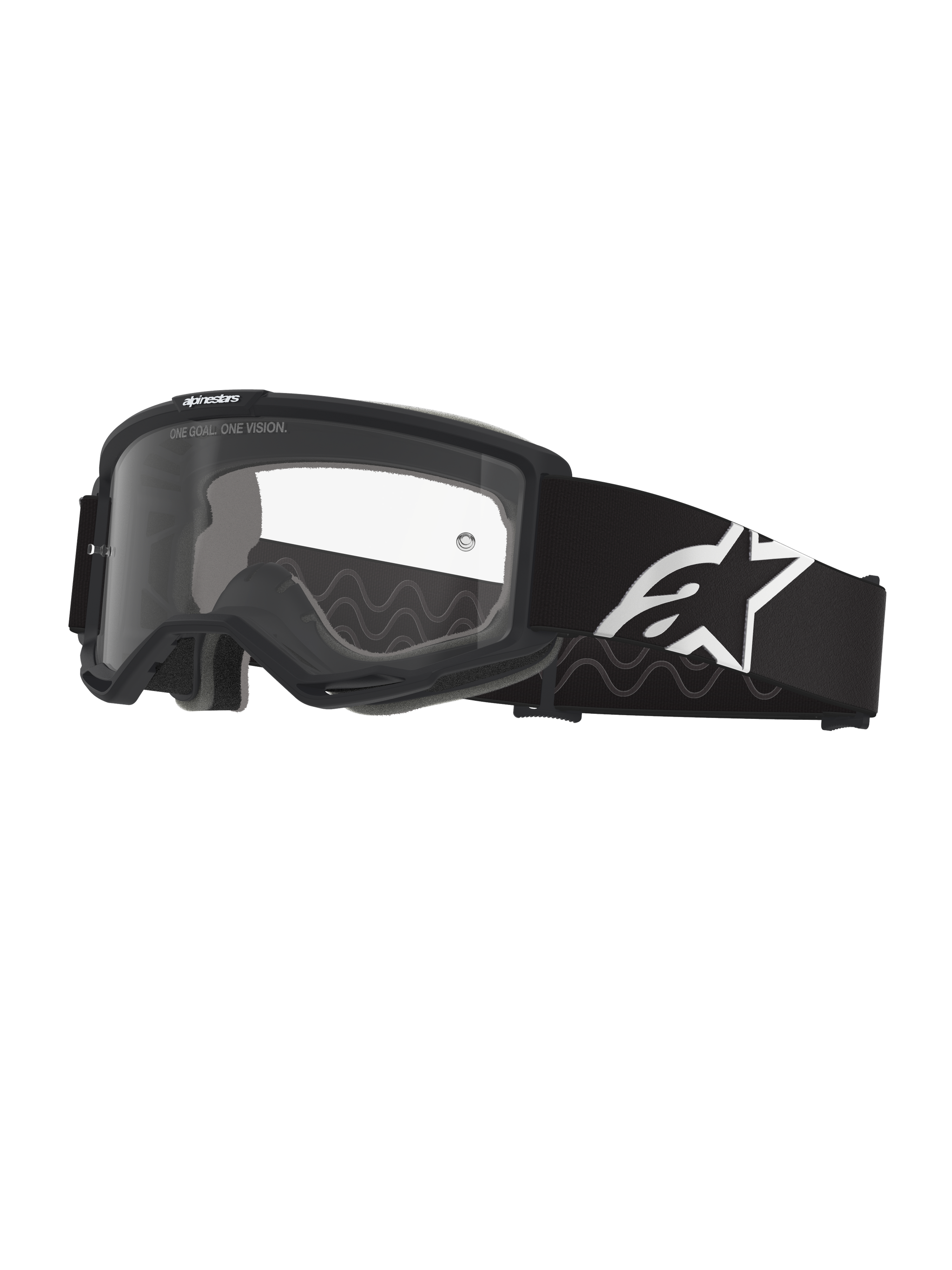 Alpinestars Vision Goggles OTG, motocross-briller, sort og grå med klar linse, bred sort vævet rem med hvidt Alpinestars-logo, ramme med dyb volumen designet til brug over briller, beskyttende øjenværn til terrænkørsel