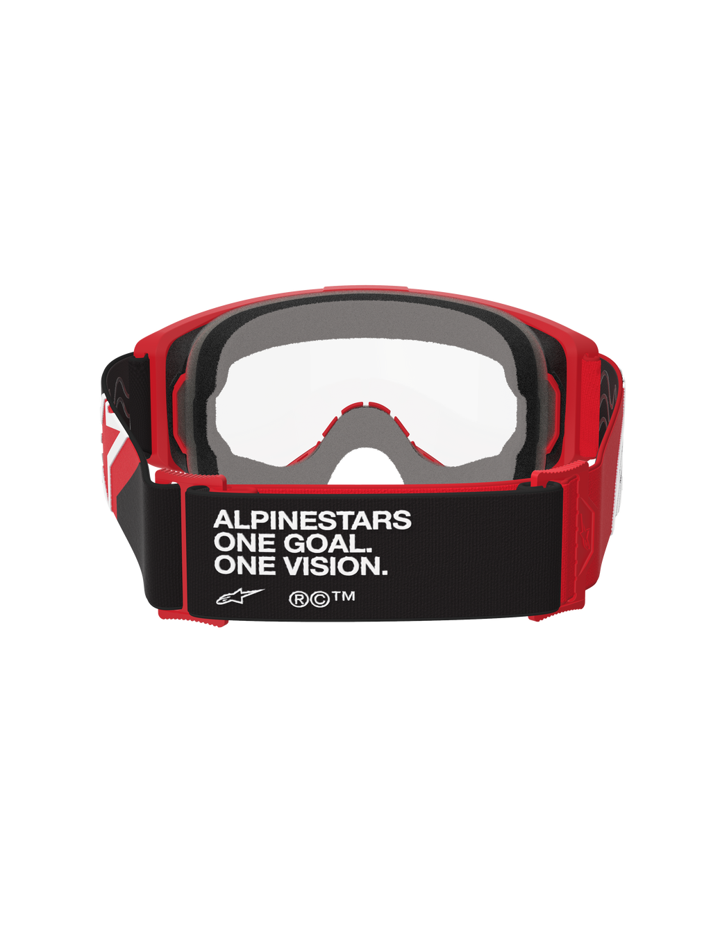 Alpinestars Vision Goggles OTG, motocross-briller, rød og sort med klar linse, set bagfra med sort rem med teksten 'ALPINESTARS ONE GOAL. ONE VISION.', tykt flerlags ansigtsskum og rød fleksibel ramme til brug over briller
