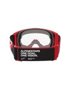 Alpinestars Vision Goggles OTG, motocross-briller, rød og sort med klar linse, set bagfra med sort rem med teksten 'ALPINESTARS ONE GOAL. ONE VISION.', tykt flerlags ansigtsskum og rød fleksibel ramme til brug over briller