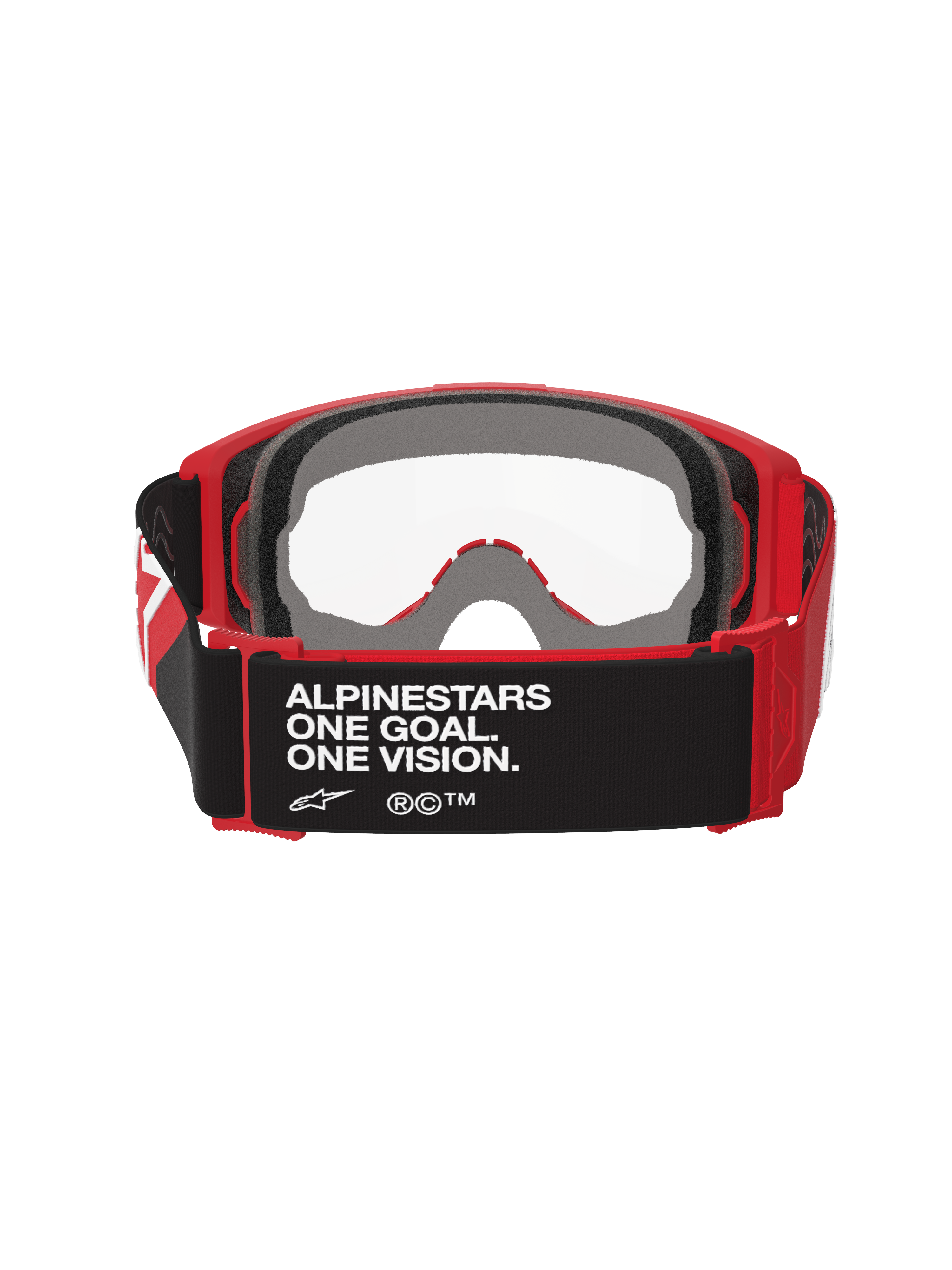 Alpinestars Vision Goggles OTG, motocross-briller, rød og sort med klar linse, set bagfra med sort rem med teksten 'ALPINESTARS ONE GOAL. ONE VISION.', tykt flerlags ansigtsskum og rød fleksibel ramme til brug over briller