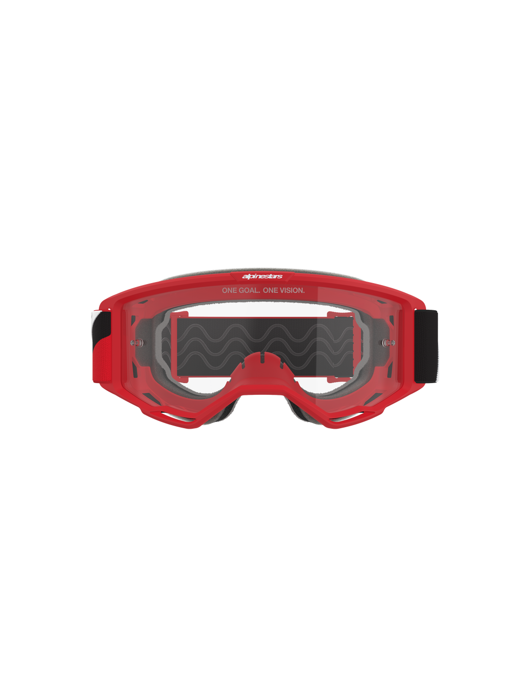 Alpinestars Vision Goggles OTG, motocross-goggles, rød ramme med klar anti-dug linse, set forfra med 'ONE GOAL. ONE VISION.' sloganet, bred sort rem, højtydende øjenbeskyttelse til off-road racing