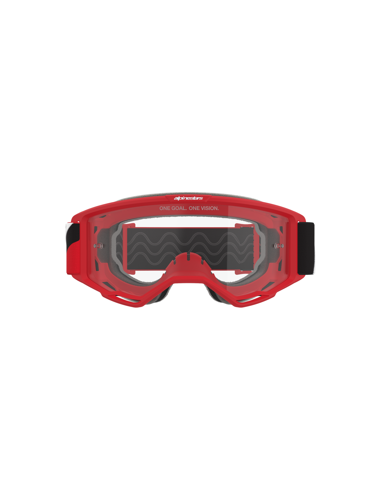 Alpinestars Vision Goggles OTG, motocross-goggles, rød ramme med klar anti-dug linse, set forfra med 'ONE GOAL. ONE VISION.' sloganet, bred sort rem, højtydende øjenbeskyttelse til off-road racing