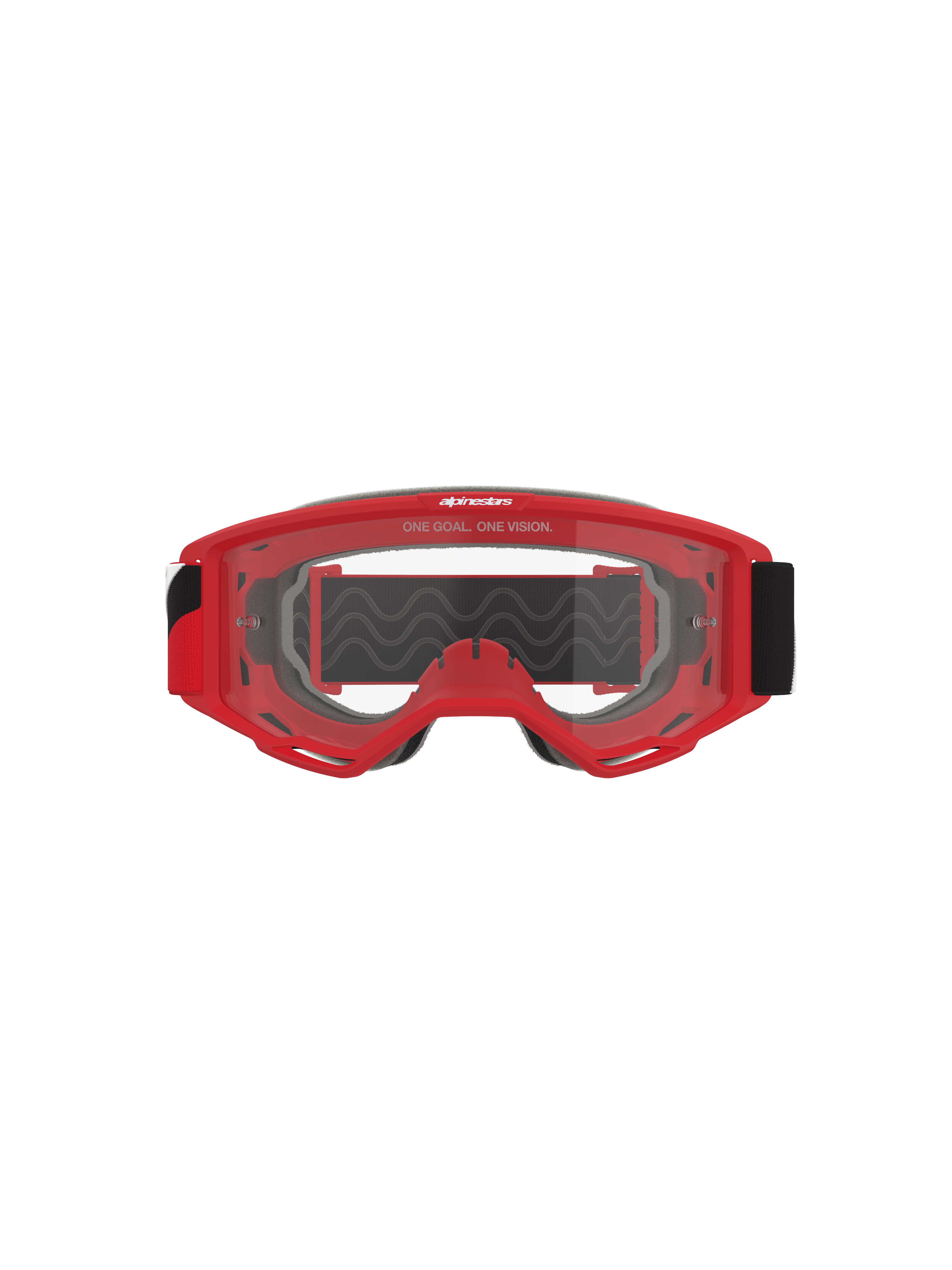 Alpinestars Vision Goggles OTG, motocross-goggles, rød ramme med klar anti-dug linse, set forfra med 'ONE GOAL. ONE VISION.' sloganet, bred sort rem, højtydende øjenbeskyttelse til off-road racing