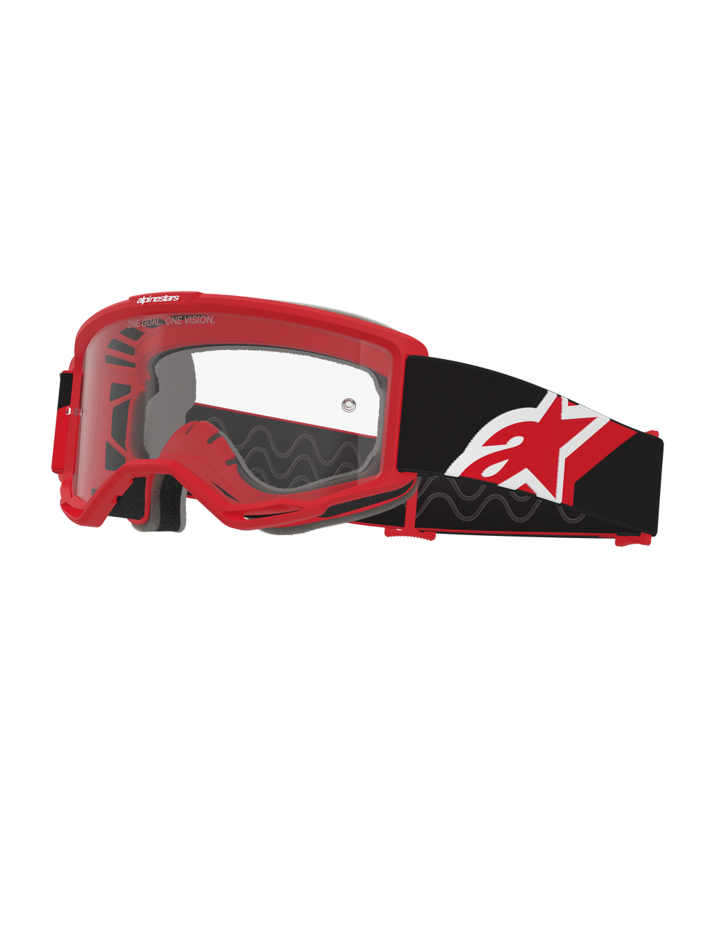 Alpinestars Vision Goggles OTG, motocross-briller, rød, sort og hvid med klar linse, over-the-glasses design med en rød ramme med dyb volumen, bred sort rem med rød og hvid stjerne-logo, ventilation med høj luftstrøm til off-road racing