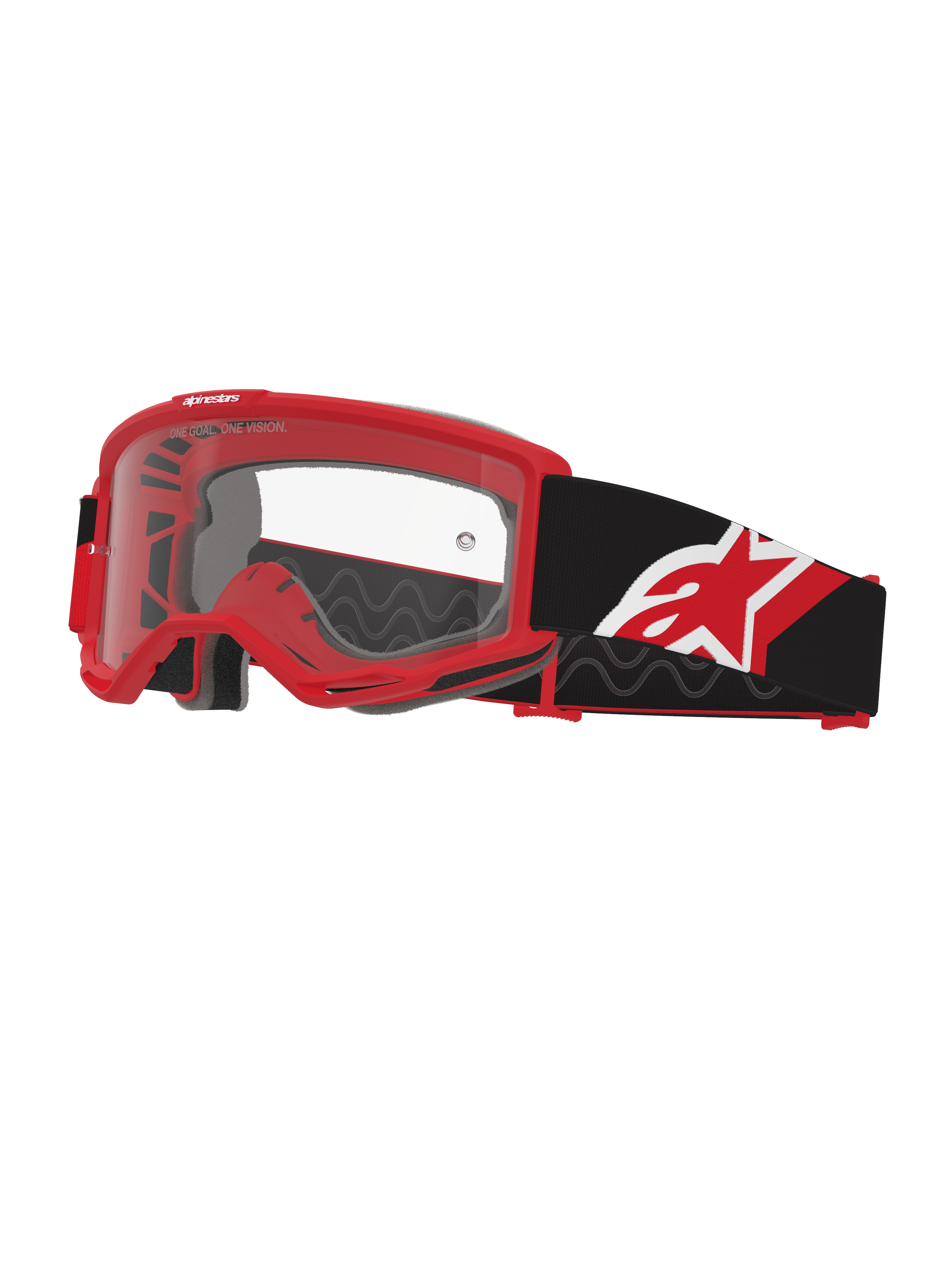 Alpinestars Vision Goggles OTG, motocross-briller, rød, sort og hvid med klar linse, over-the-glasses design med en rød ramme med dyb volumen, bred sort rem med rød og hvid stjerne-logo, ventilation med høj luftstrøm til off-road racing
