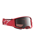 Alpinestars Supertech Vesta goggles, motocrossbriller til off-road racing, fluorød og sølv, hvidt logo på remmen, krystalklar spejllinse