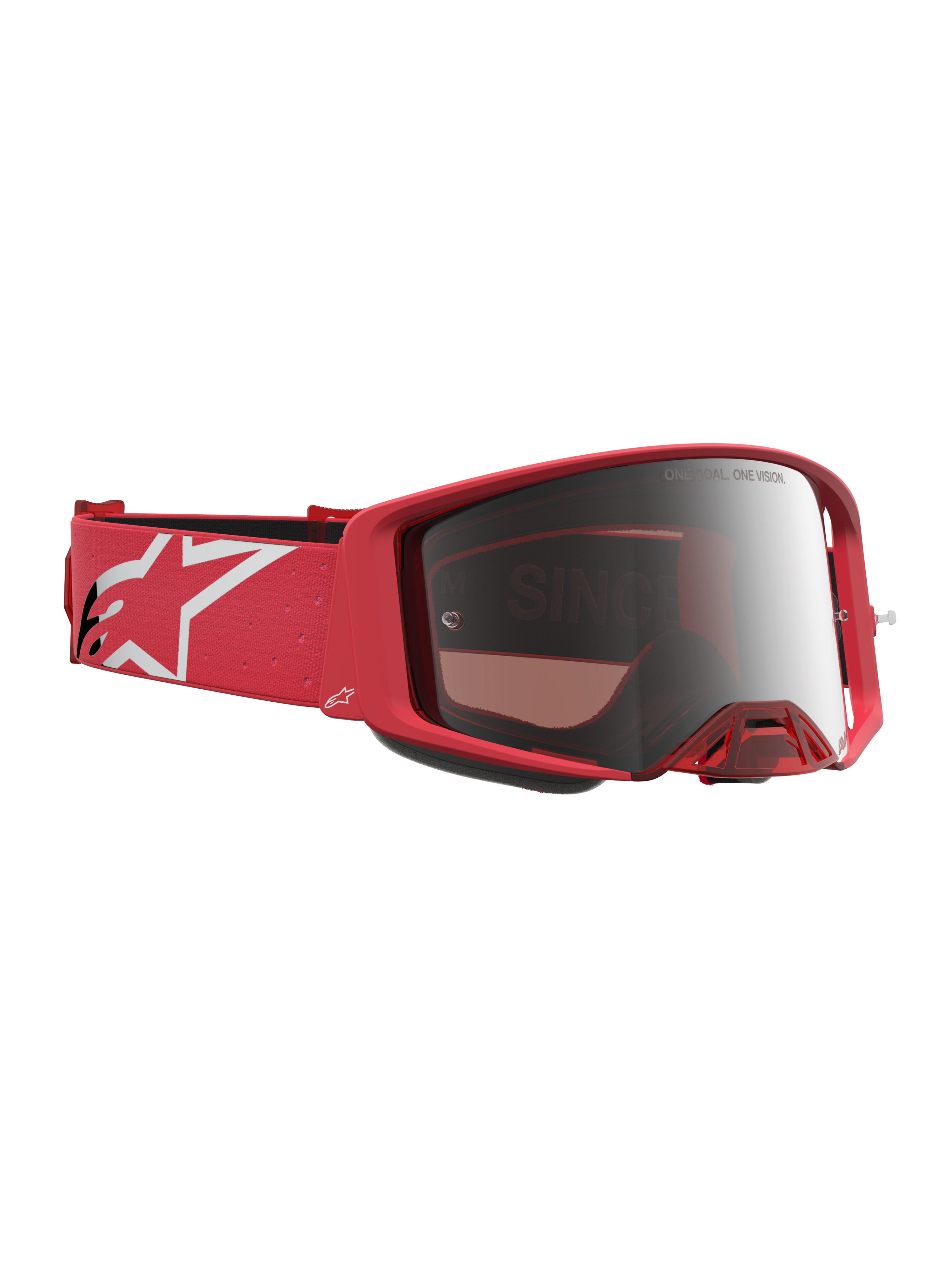 Alpinestars Supertech Vesta goggles, motocrossbriller til off-road racing, fluorød og sølv, hvidt logo på remmen, krystalklar spejllinse