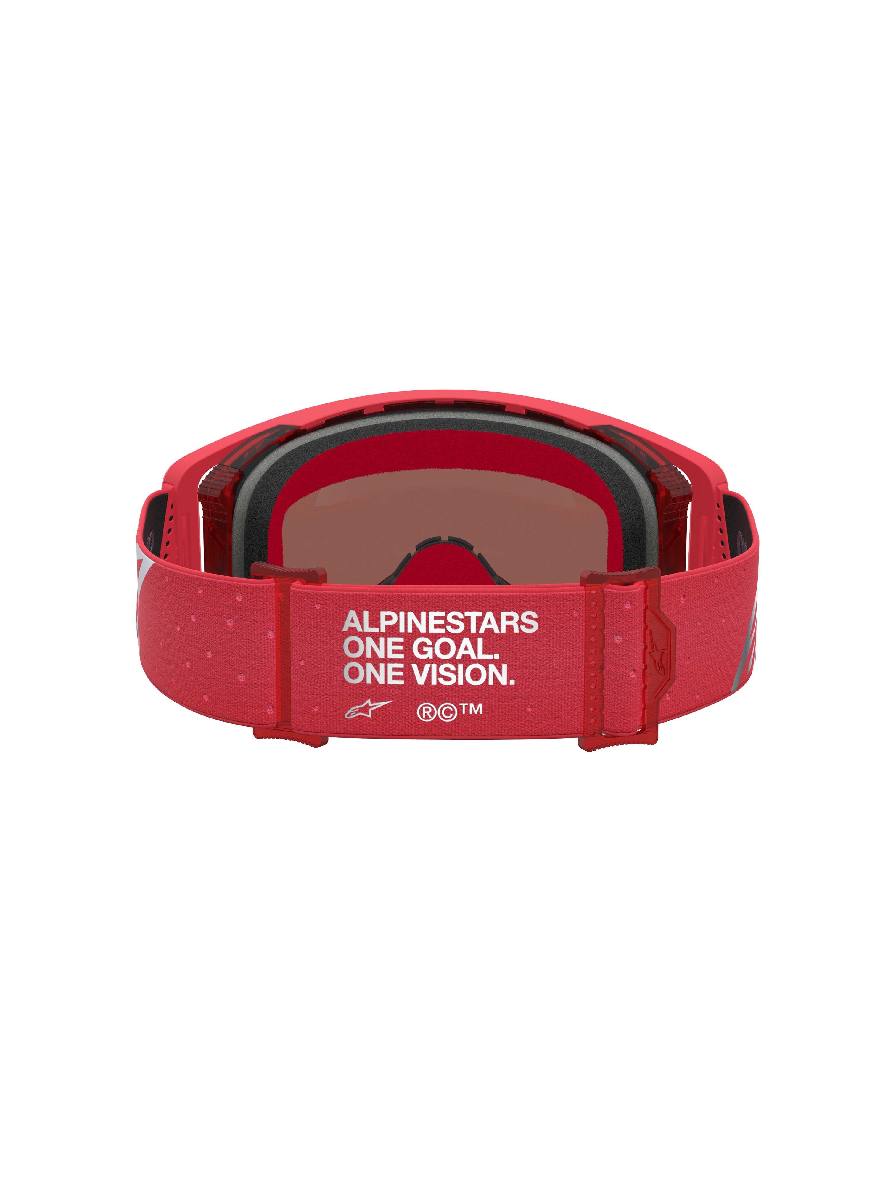 Alpinestars Supertech Vesta goggles, rød fluo og sølv motocrossgoggles, set bagfra med justerbar One Goal One Vision-rem.
