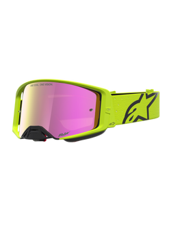 Alpinestars Supertech Vesta Motocross Goggles in Yellow Fluo and Black with a protective Pink Mirror lens for off-road riding.