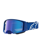 Alpinestars Supertech Vesta goggles, professionelle motocross-briller til off-road racing, blå og hvid med spejlblå linse og justerbar strop med hvidt stjernelogo.