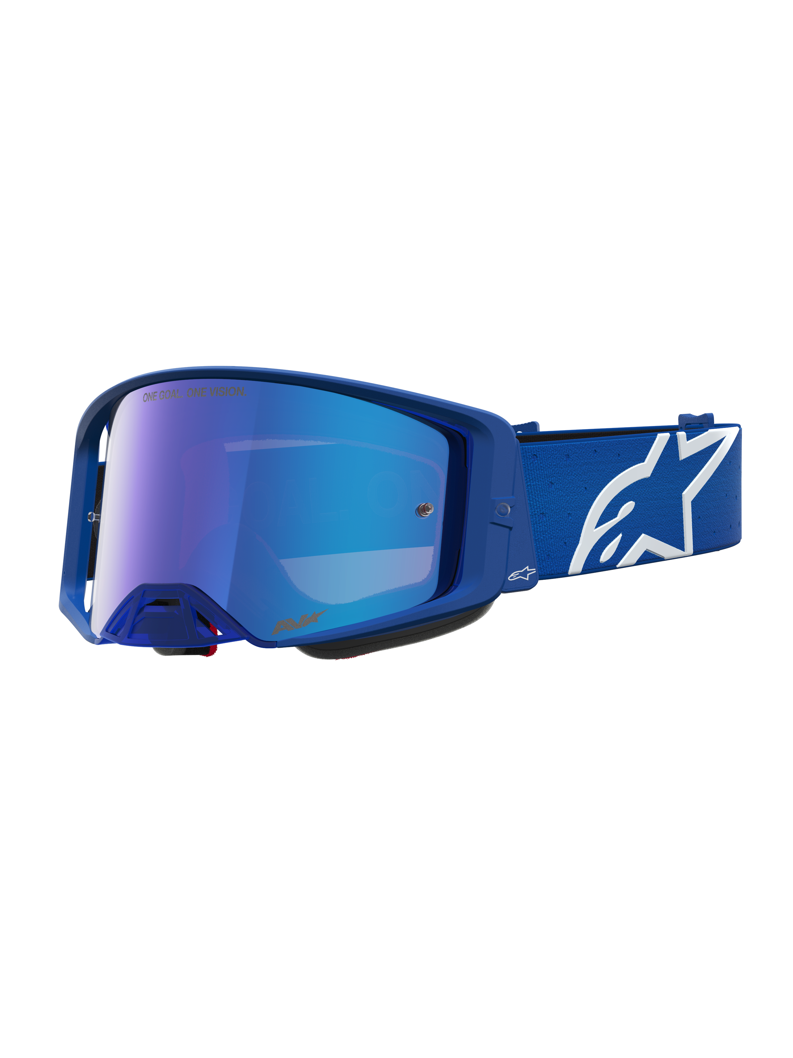 Alpinestars Supertech Vesta goggles, professionelle motocross-briller til off-road racing, blå og hvid med spejlblå linse og justerbar strop med hvidt stjernelogo.