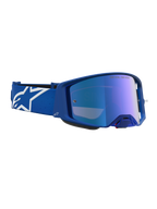Alpinestars Supertech Vesta goggles, motocrossgoggles til racing, blå og hvid med spejlblå linse og optimeret luftstrøm