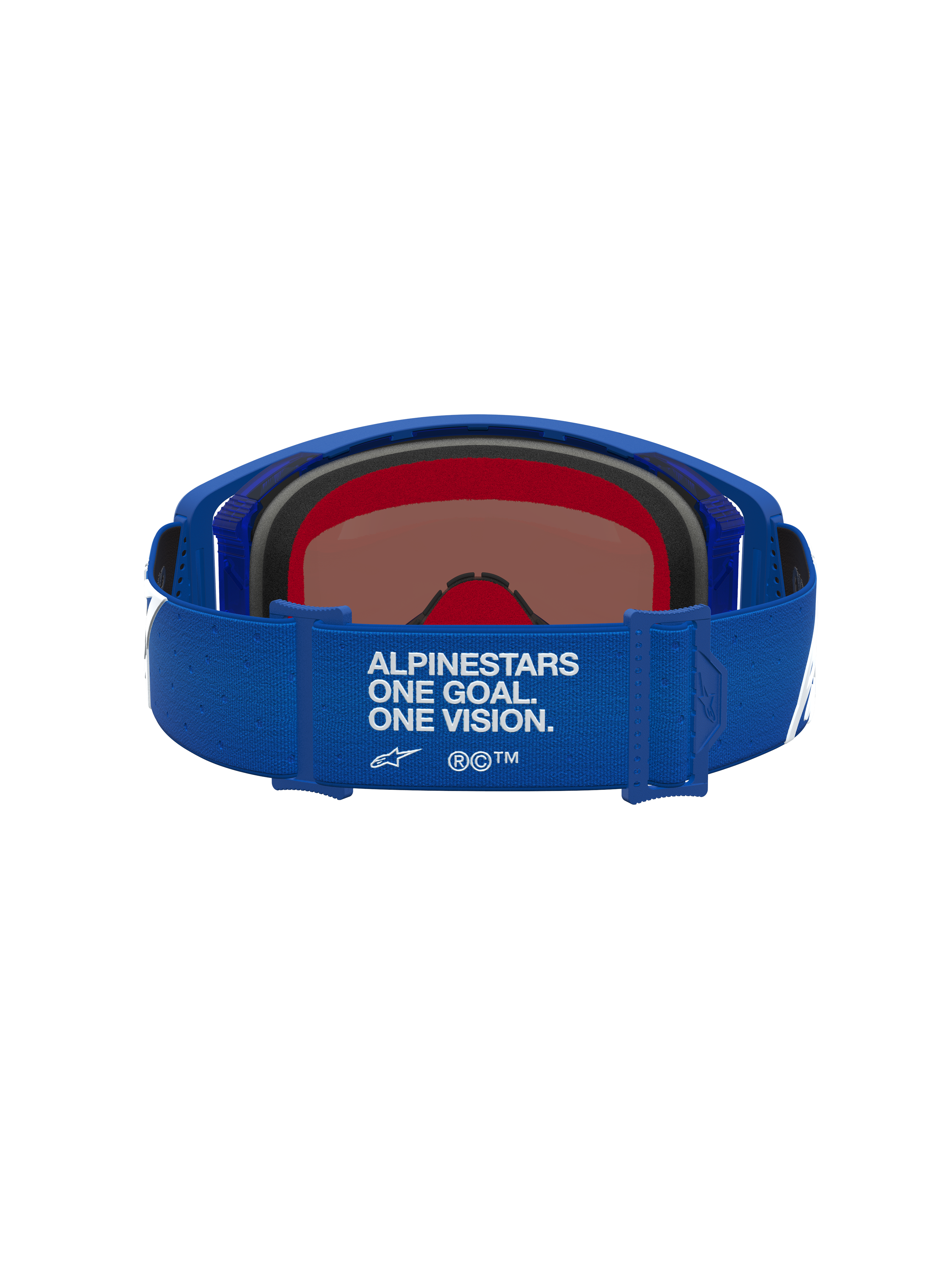 Alpinestars Supertech Vesta Goggles, motocrossgoggles, blå og hvid, rem med One Goal. One Vision. tekst, set bagfra