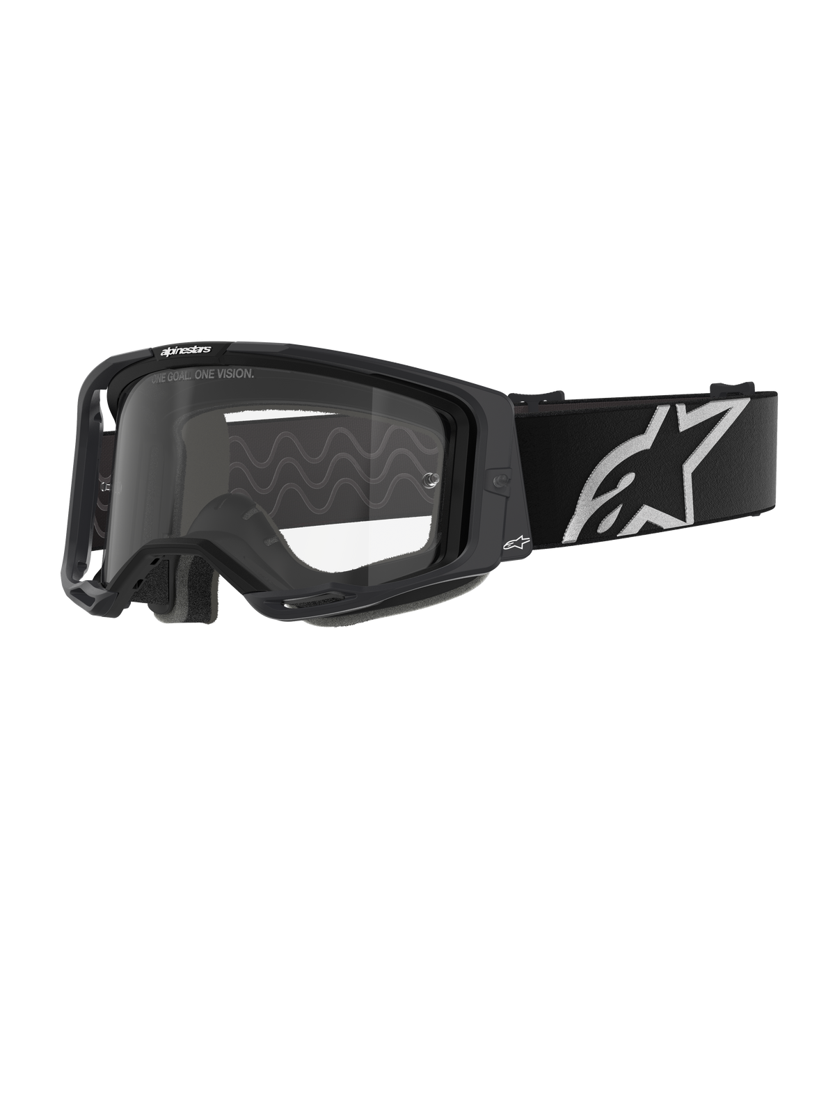 Alpinestars Vision 8 Corp motocrossbriller, sort ramme med klar linse, bred sort justerbar rem med markant hvidt Alpinestars stjerne-logo, synligt 3D-støbt ansigtsskum, professionel øjenbeskyttelse til off-road racing