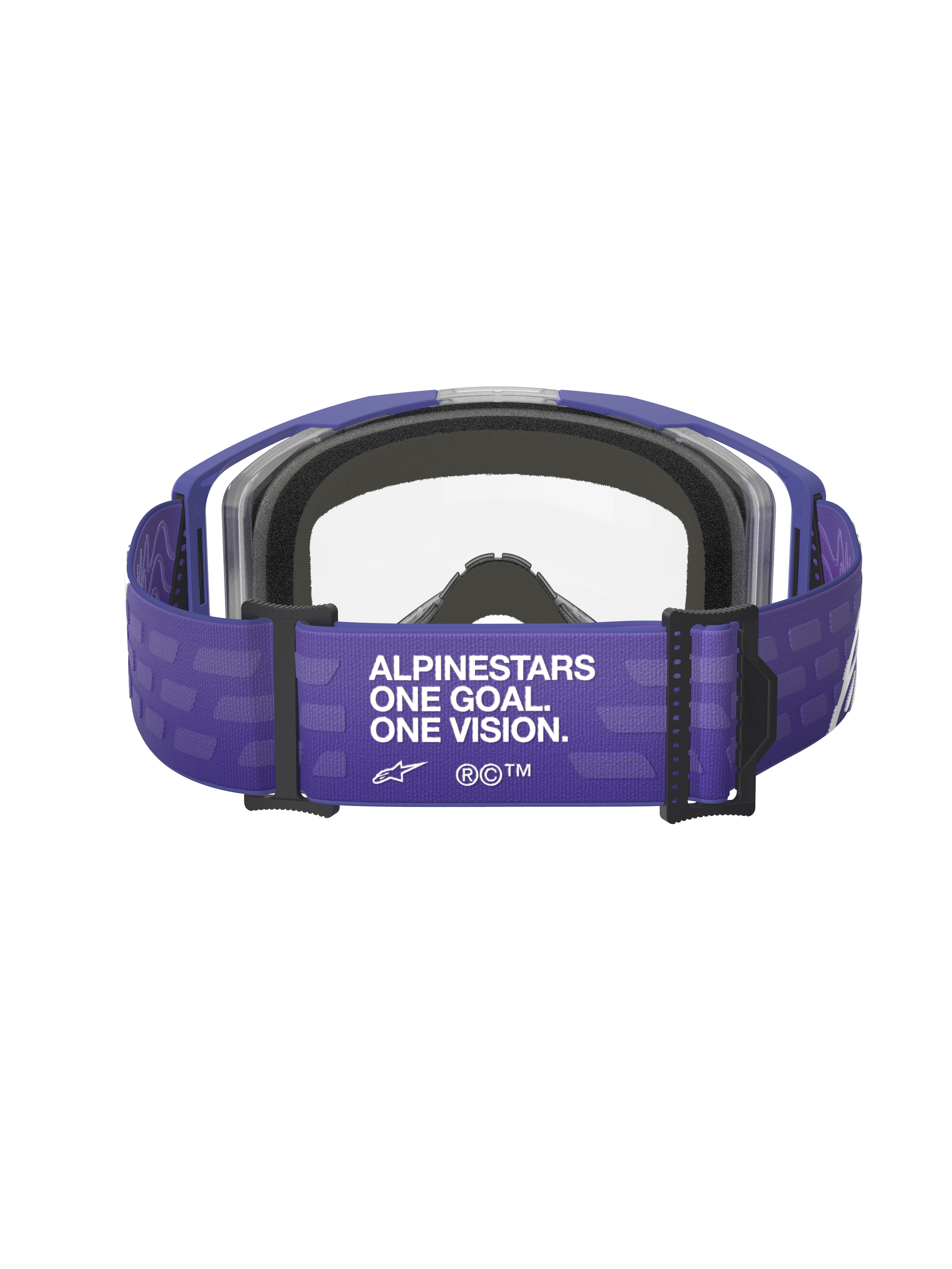 Alpinestars Vision 8 Corp Goggles, motocross-briller, lilla og klar, set bagfra med lilla rem og 'ALPINESTARS ONE GOAL. ONE VISION.' branding, klar linse og sort skumpolstring, off-road racingudstyr