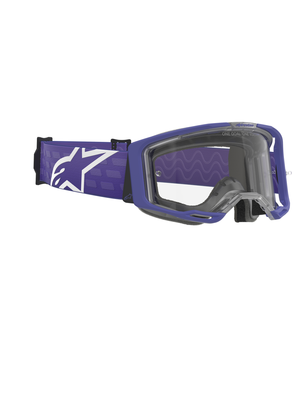 Alpinestars Vision 8 Corp Goggles, motocross-briller, lilla og klar, mat lilla ramme med en klar linse, bred lilla vævet strop med et stort hvidt Alpinestars-logo, højtydende off-road briller