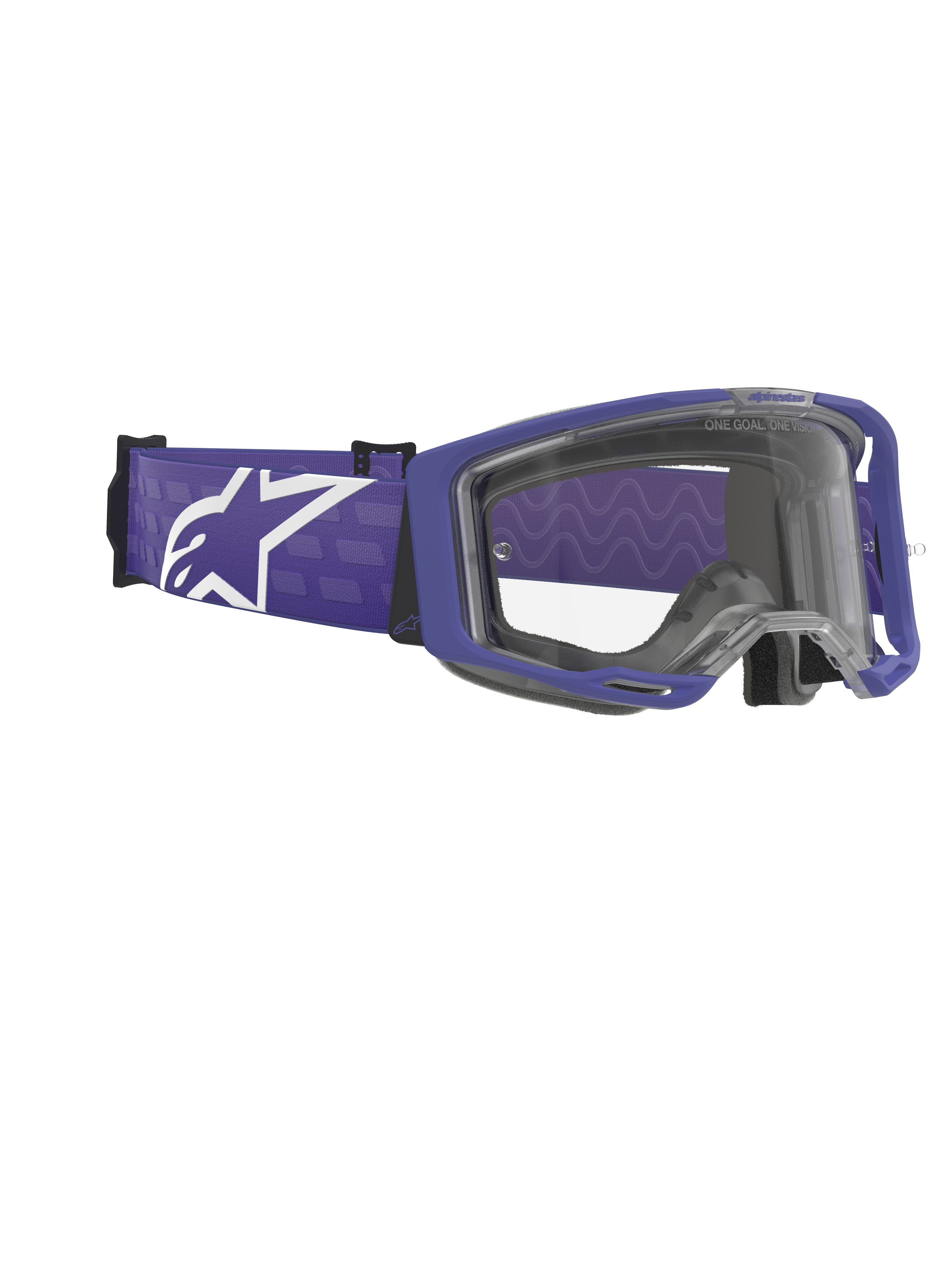 Alpinestars Vision 8 Corp Goggles, motocross-briller, lilla og klar, mat lilla ramme med en klar linse, bred lilla vævet strop med et stort hvidt Alpinestars-logo, højtydende off-road briller
