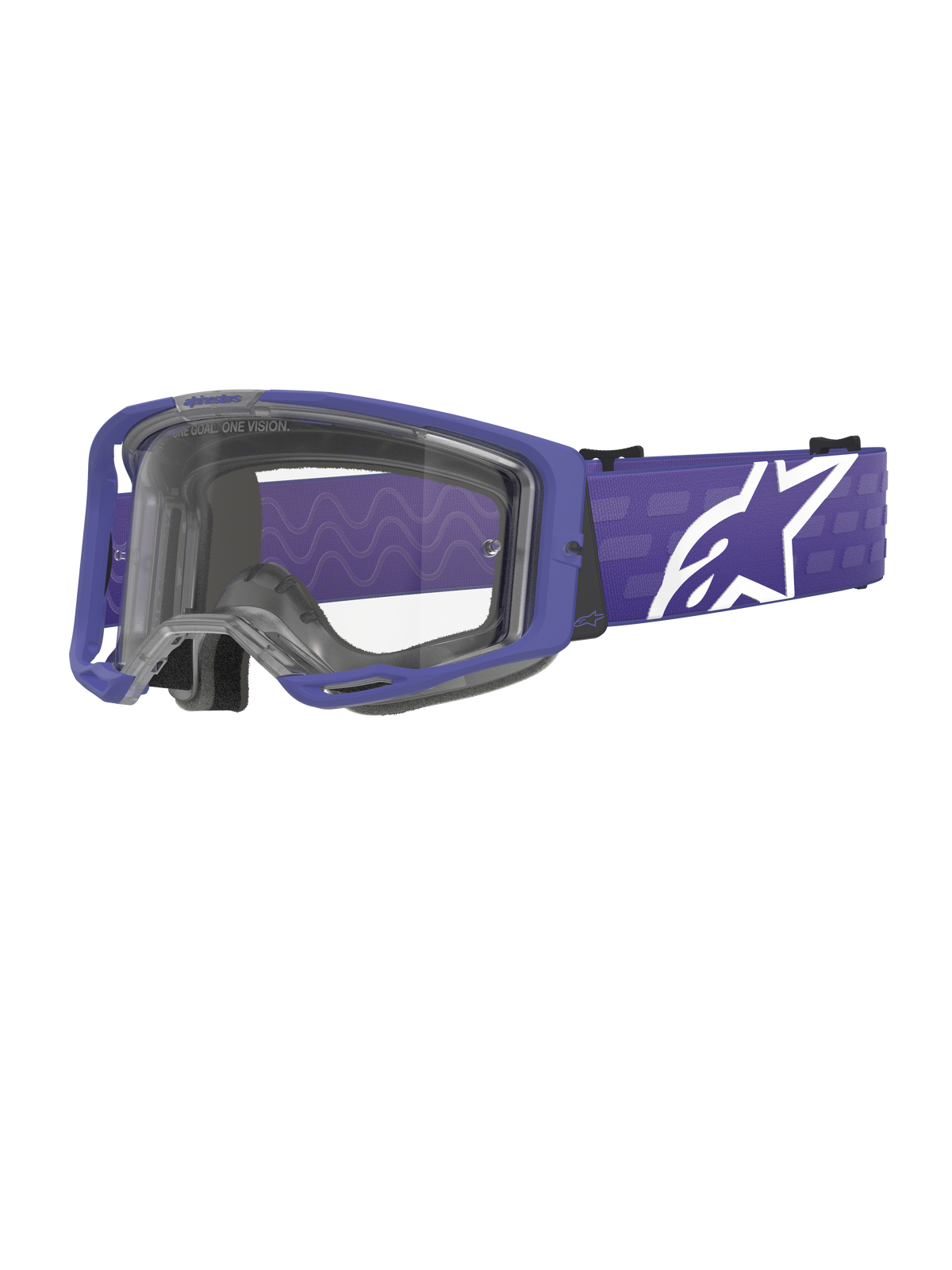 Alpinestars Vision 8 Corp Goggles, motocross-briller, lilla og klar, med en lilla A-FLEX ramme og klar linse, lilla rem med stort hvidt stjerne-logo, bredt synsfelt, designet til off-road racing-ydeevne