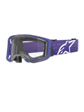 Alpinestars Vision 8 Corp Goggles, motocross-briller, lilla og klar, med en lilla A-FLEX ramme og klar linse, lilla rem med stort hvidt stjerne-logo, bredt synsfelt, designet til off-road racing-ydeevne