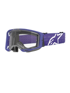 Alpinestars Vision 8 Corp Goggles, motocross-briller, lilla og klar, med en lilla A-FLEX ramme og klar linse, lilla rem med stort hvidt stjerne-logo, bredt synsfelt, designet til off-road racing-ydeevne