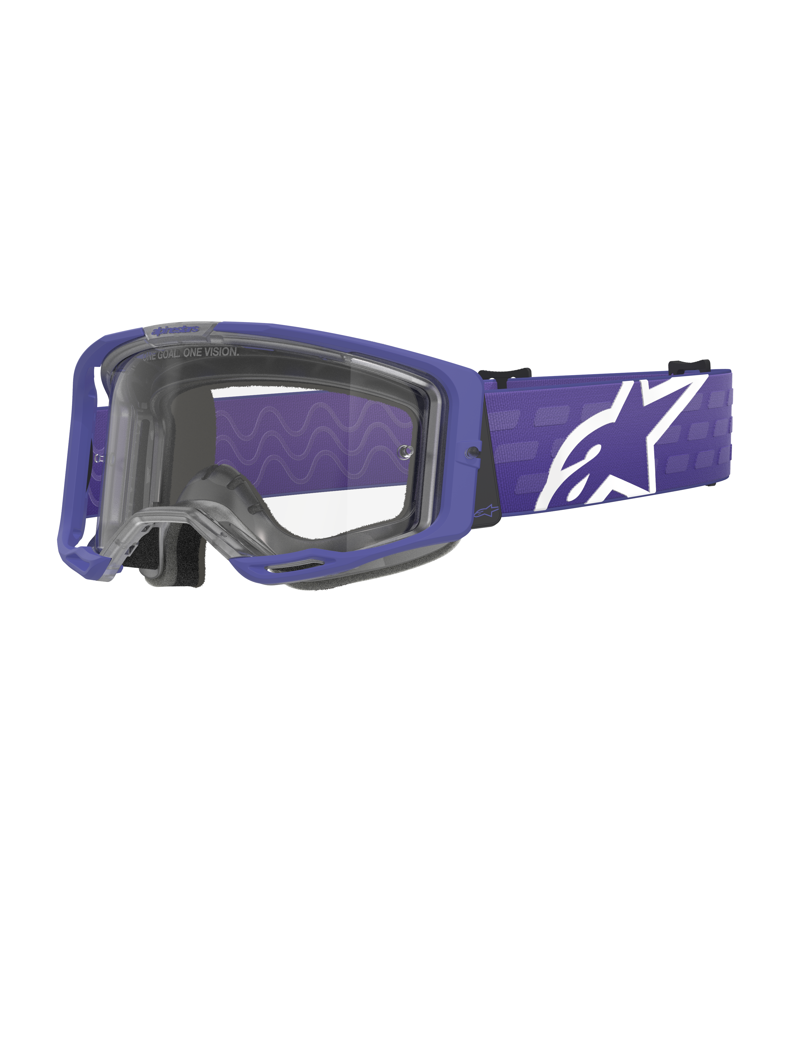 Alpinestars Vision 8 Corp Goggles, motocross-briller, lilla og klar, med en lilla A-FLEX ramme og klar linse, lilla rem med stort hvidt stjerne-logo, bredt synsfelt, designet til off-road racing-ydeevne