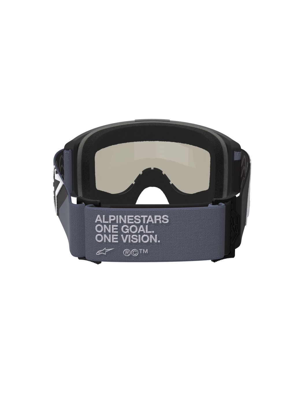 Alpinestars Vision Sand Goggles, motocross-briller, sort og grå, set bagfra viser den brede grå rem med teksten 'Alpinestars One Goal. One Vision.', sort flerlags ansigtsskum og mørk røgfarvet linse, off-road ørkenkørselsudstyr