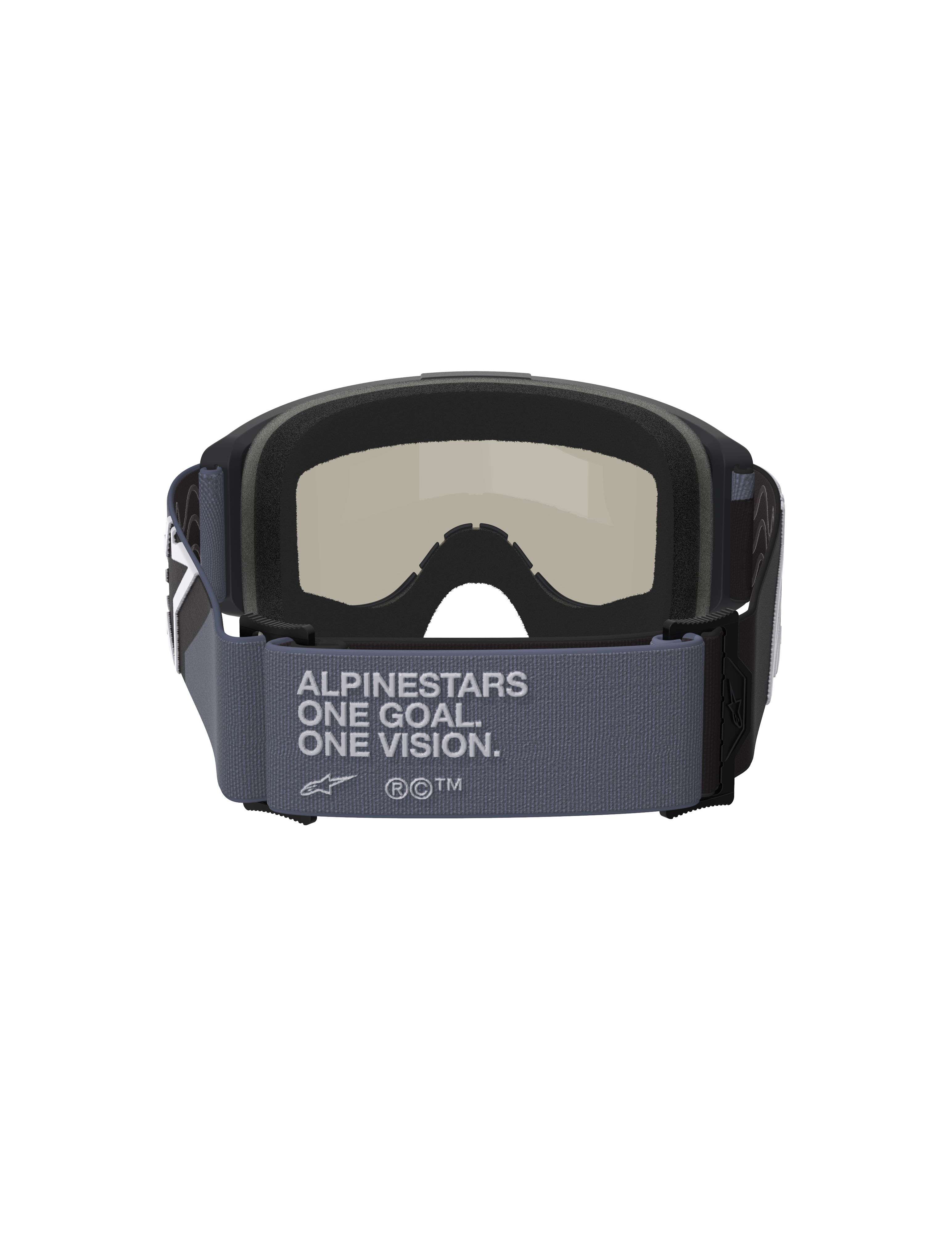 Alpinestars Vision Sand Goggles, motocross-briller, sort og grå, set bagfra viser den brede grå rem med teksten 'Alpinestars One Goal. One Vision.', sort flerlags ansigtsskum og mørk røgfarvet linse, off-road ørkenkørselsudstyr