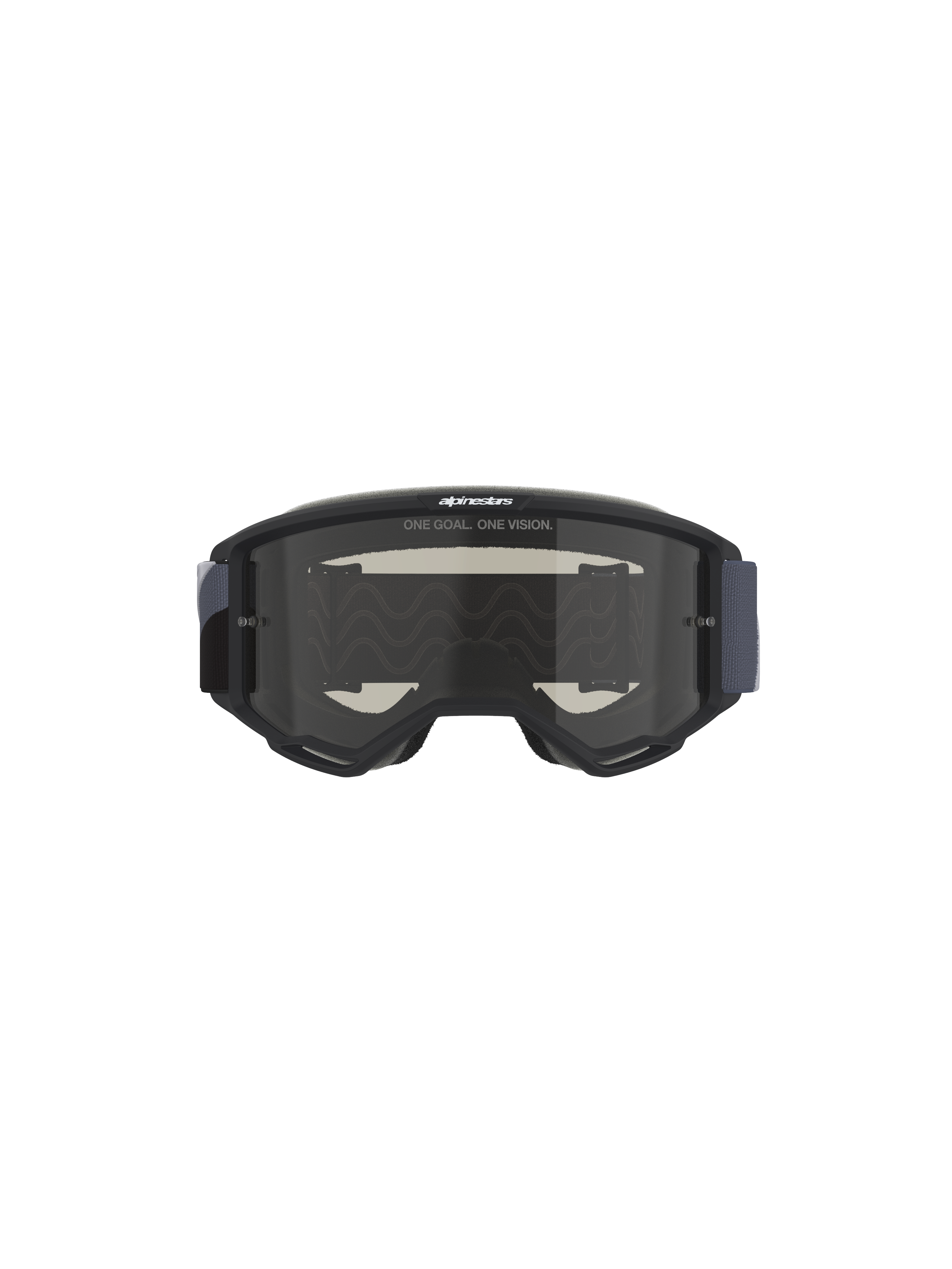 Alpinestars Vision Sand Goggles, motocross-briller, sort og grå med mørk røgfarvet linse, med 'ONE GOAL. ONE VISION.'-slogan på linsen, bred vævet rem, designet til beskyttelse mod støv og sand under off-road-forhold.