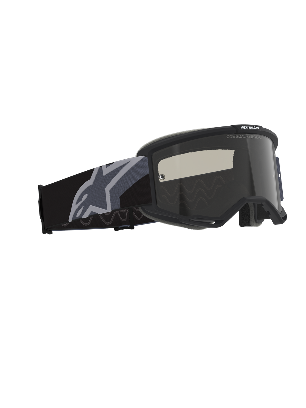 Alpinestars Vision Sand Goggles, motocross- og off-road-briller, sort og grå med mørk røgfarvet linse, bred vævet rem med stort gråt stjernelogo, mat sort ramme med RAM-AIR ventilation og flerlags ansigtsskum til ørkenkørsel.