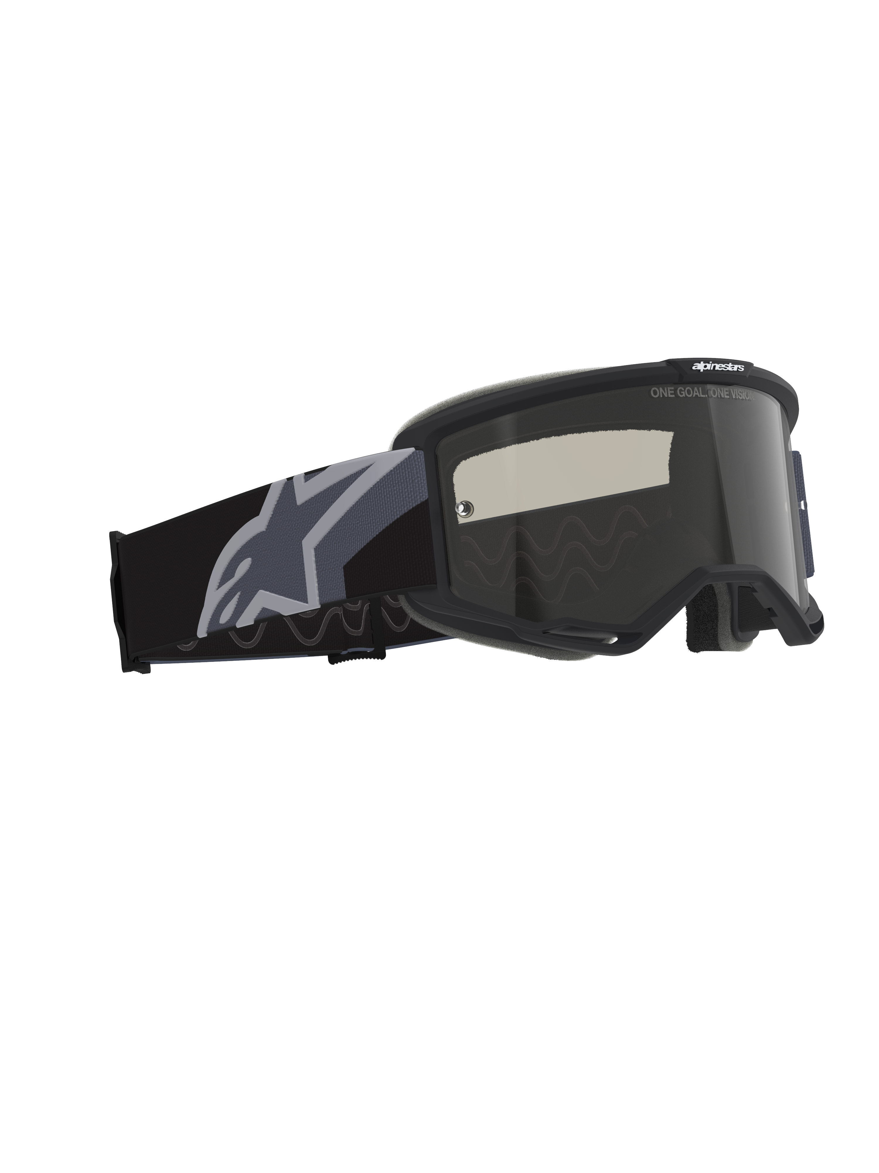 Alpinestars Vision Sand Goggles, motocross- og off-road-briller, sort og grå med mørk røgfarvet linse, bred vævet rem med stort gråt stjernelogo, mat sort ramme med RAM-AIR ventilation og flerlags ansigtsskum til ørkenkørsel.
