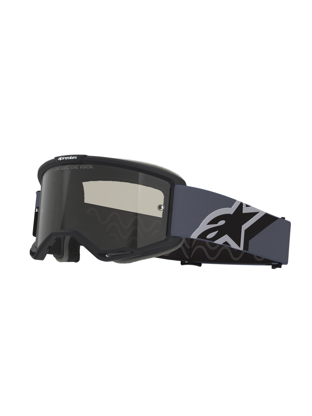 Alpinestars Vision Sand Goggles, motocross-briller, sort og grå ramme med mørk røgfarvet linse, bred blågrå rem med et stort sort og hvidt Alpinestars-logo, beskyttelsesbriller til off-road- og ørkenkørsel