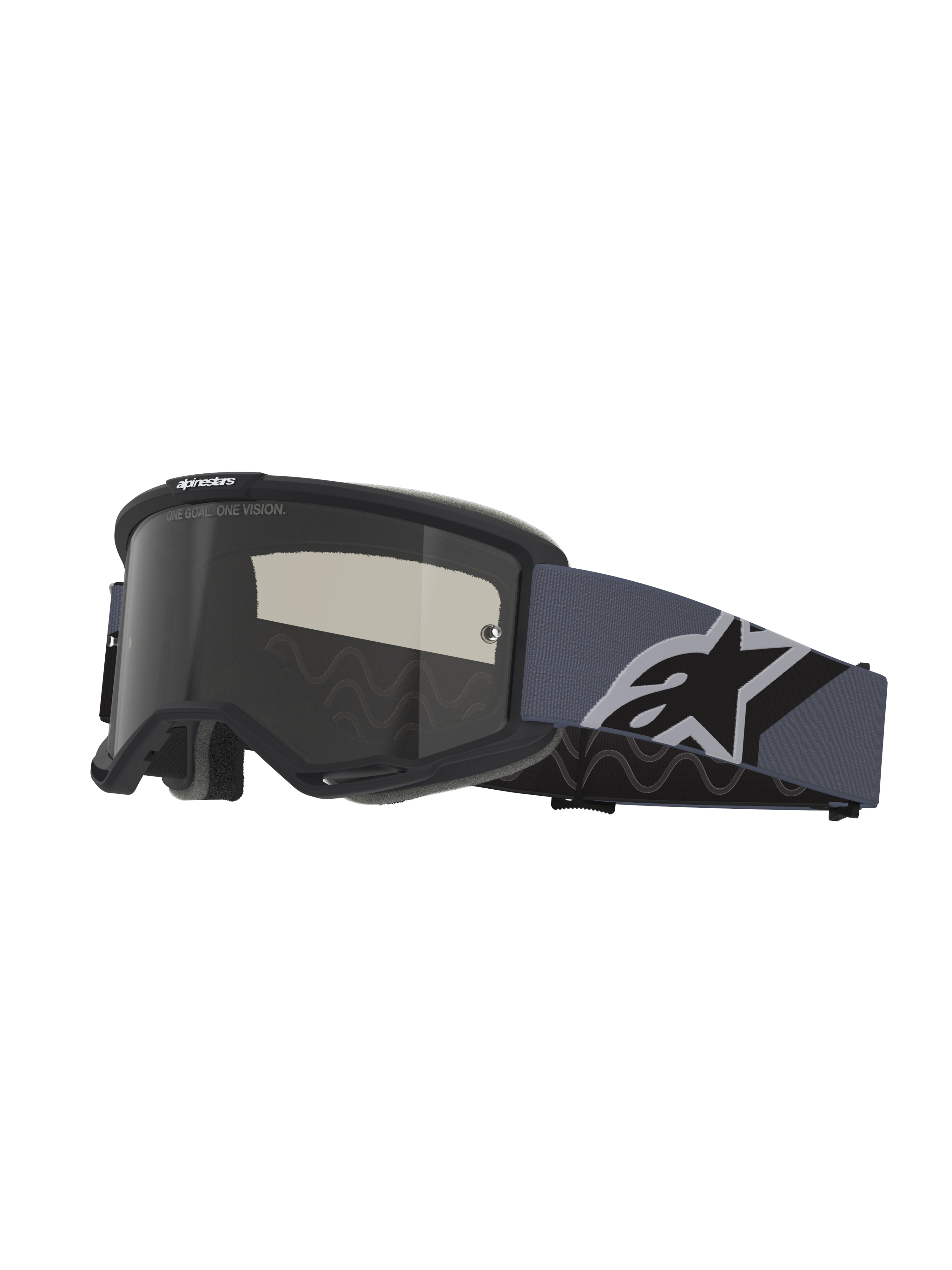 Alpinestars Vision Sand Goggles, motocross-briller, sort og grå ramme med mørk røgfarvet linse, bred blågrå rem med et stort sort og hvidt Alpinestars-logo, beskyttelsesbriller til off-road- og ørkenkørsel