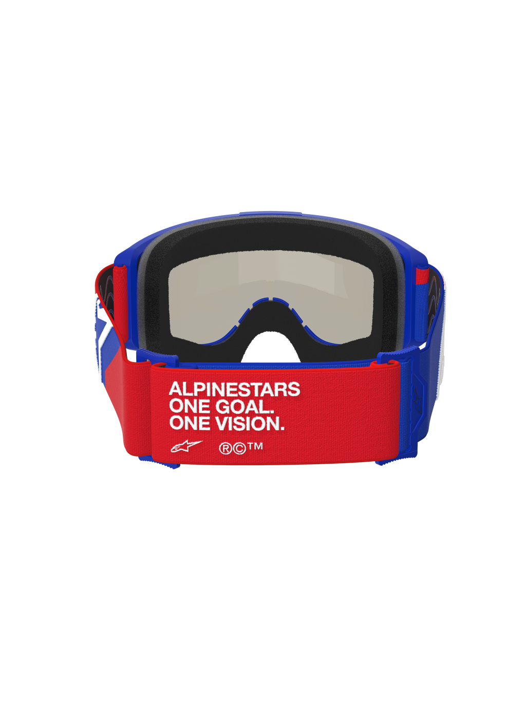 Alpinestars Vision Sand Goggles, blå, rød og hvid, set bagfra med en rød rem med hvid 'ALPINESTARS ONE GOAL. ONE VISION.' tekst, blå ramme med tyk sort skumpolstring, mørk røgfarvet linse synlig indefra, højtydende motocross-briller