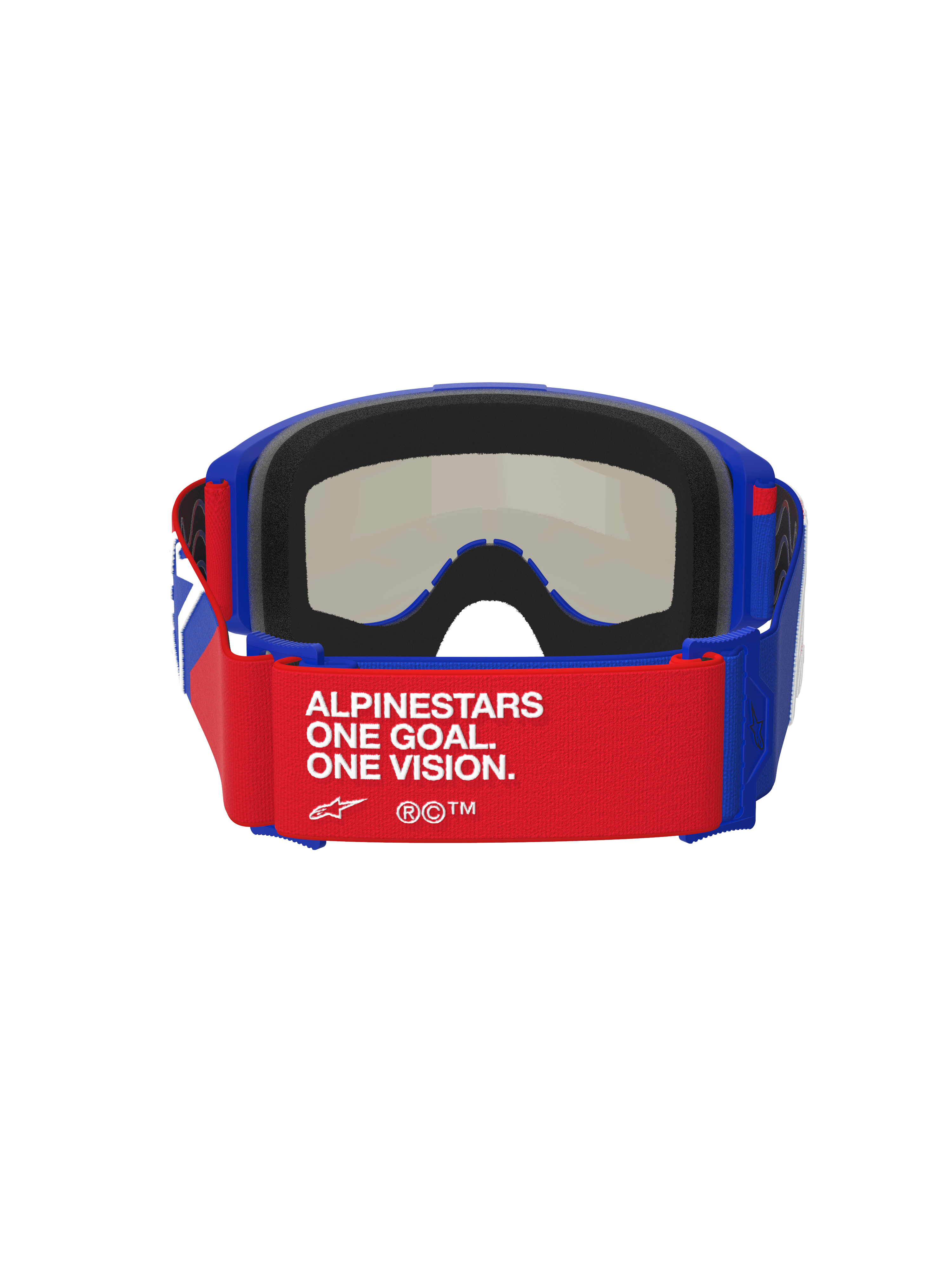 Alpinestars Vision Sand Goggles, blå, rød og hvid, set bagfra med en rød rem med hvid 'ALPINESTARS ONE GOAL. ONE VISION.' tekst, blå ramme med tyk sort skumpolstring, mørk røgfarvet linse synlig indefra, højtydende motocross-briller