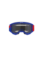 Alpinestars Vision Sand Goggles, blå ramme med røde og hvide detaljer på remmen, mørk røgfarvet linse, med 'ONE GOAL. ONE VISION.' slogan øverst, højtydende motocross-briller designet til ørken- og off-road-beskyttelse