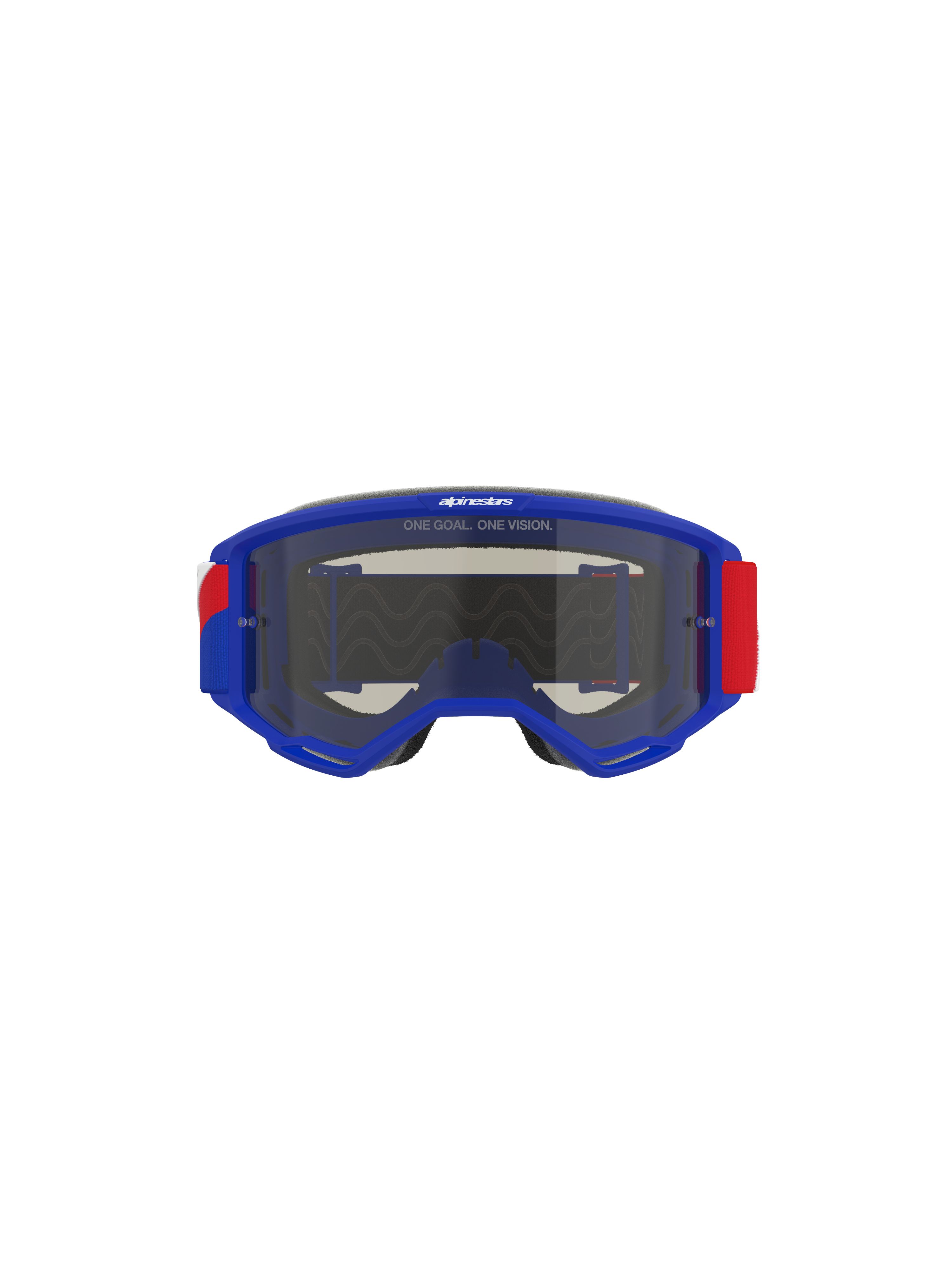 Alpinestars Vision Sand Goggles, blå ramme med røde og hvide detaljer på remmen, mørk røgfarvet linse, med 'ONE GOAL. ONE VISION.' slogan øverst, højtydende motocross-briller designet til ørken- og off-road-beskyttelse