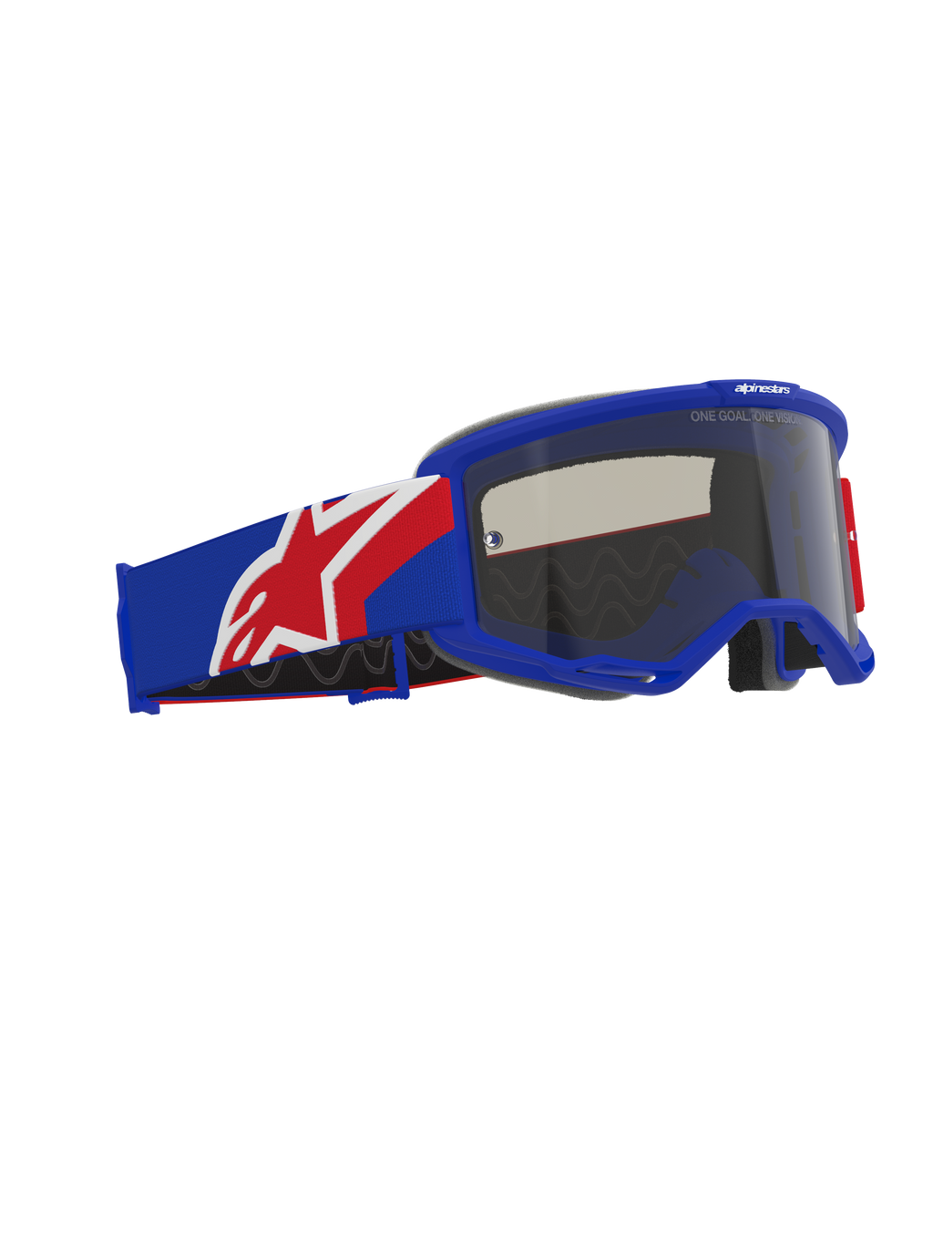 Alpinestars Vision Sand Goggles, off-road motocross-briller, blå, rød og hvid ramme og rem, mørk røgfarvet linse, med en bred silikonebelagt rem og ergonomisk ansigtsskum