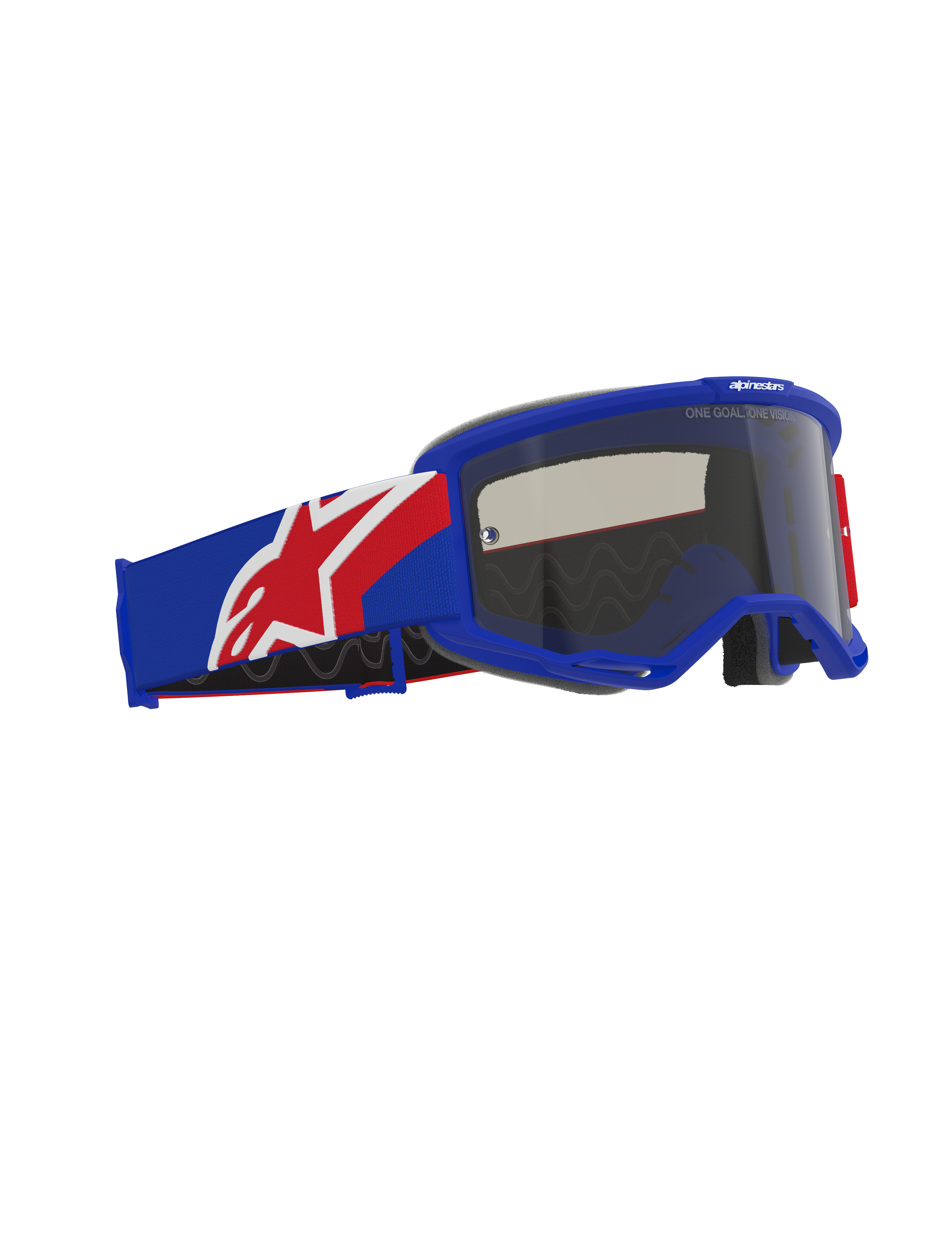 Alpinestars Vision Sand Goggles, off-road motocross-briller, blå, rød og hvid ramme og rem, mørk røgfarvet linse, med en bred silikonebelagt rem og ergonomisk ansigtsskum