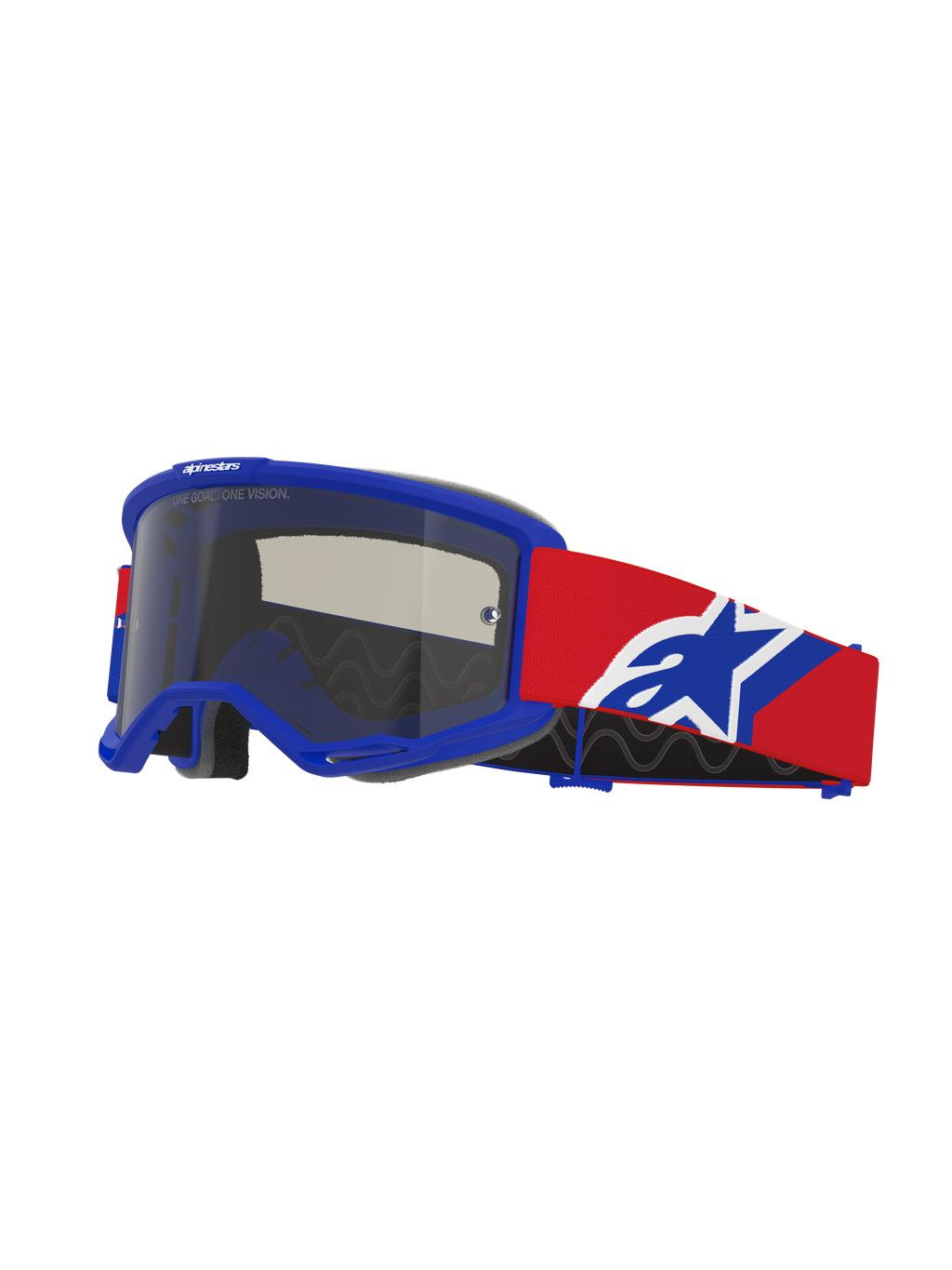 Alpinestars Vision Sand Goggles, motocross-briller, blå ramme med mørk røgfarvet linse, rød rem med blå og hvidt logo, off-road øjenbeskyttelse med specialiseret ventilationsskum til ørkenkørsel