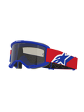 Alpinestars Vision Sand Goggles, motocross-briller, blå ramme med mørk røgfarvet linse, rød rem med blå og hvidt logo, off-road øjenbeskyttelse med specialiseret ventilationsskum til ørkenkørsel