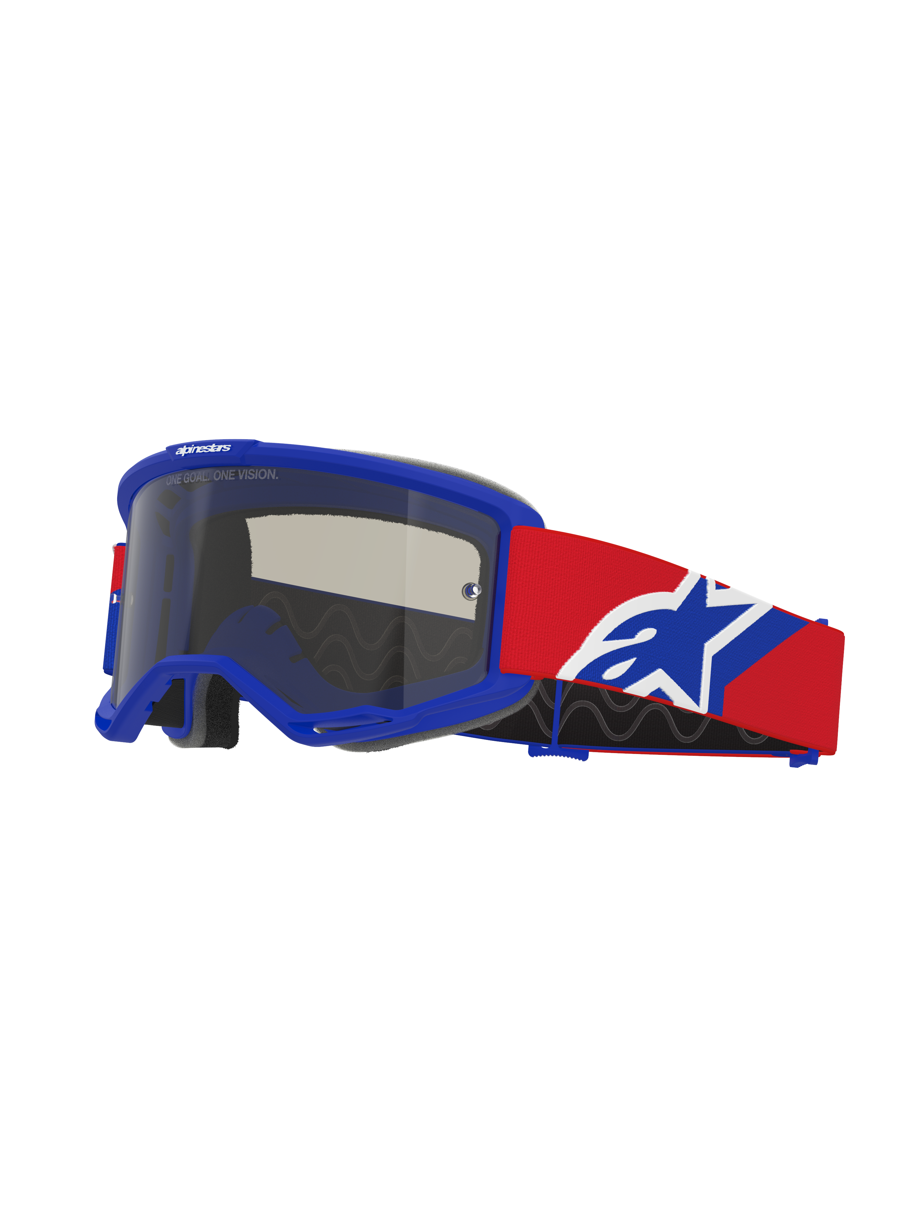 Alpinestars Vision Sand Goggles, motocross-briller, blå ramme med mørk røgfarvet linse, rød rem med blå og hvidt logo, off-road øjenbeskyttelse med specialiseret ventilationsskum til ørkenkørsel