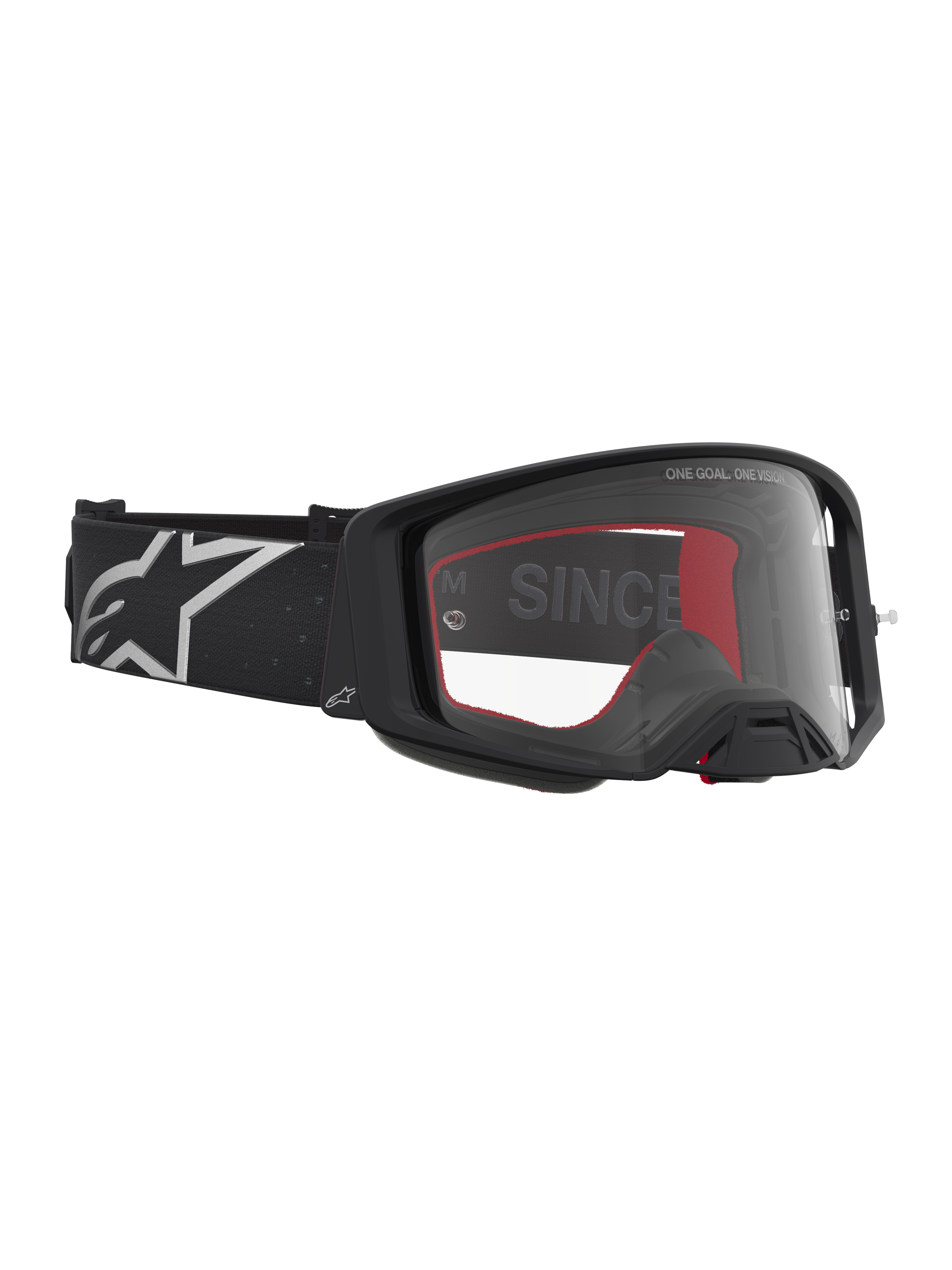 Alpinestars Supertech Vesta Goggles, Black Matte and Silver MX goggles with wide clear lens and lightweight frame.